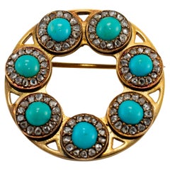 Antique Victorian 18K and 14K Yellow Gold Turquoise Diamond Pin Brooch Pendant
