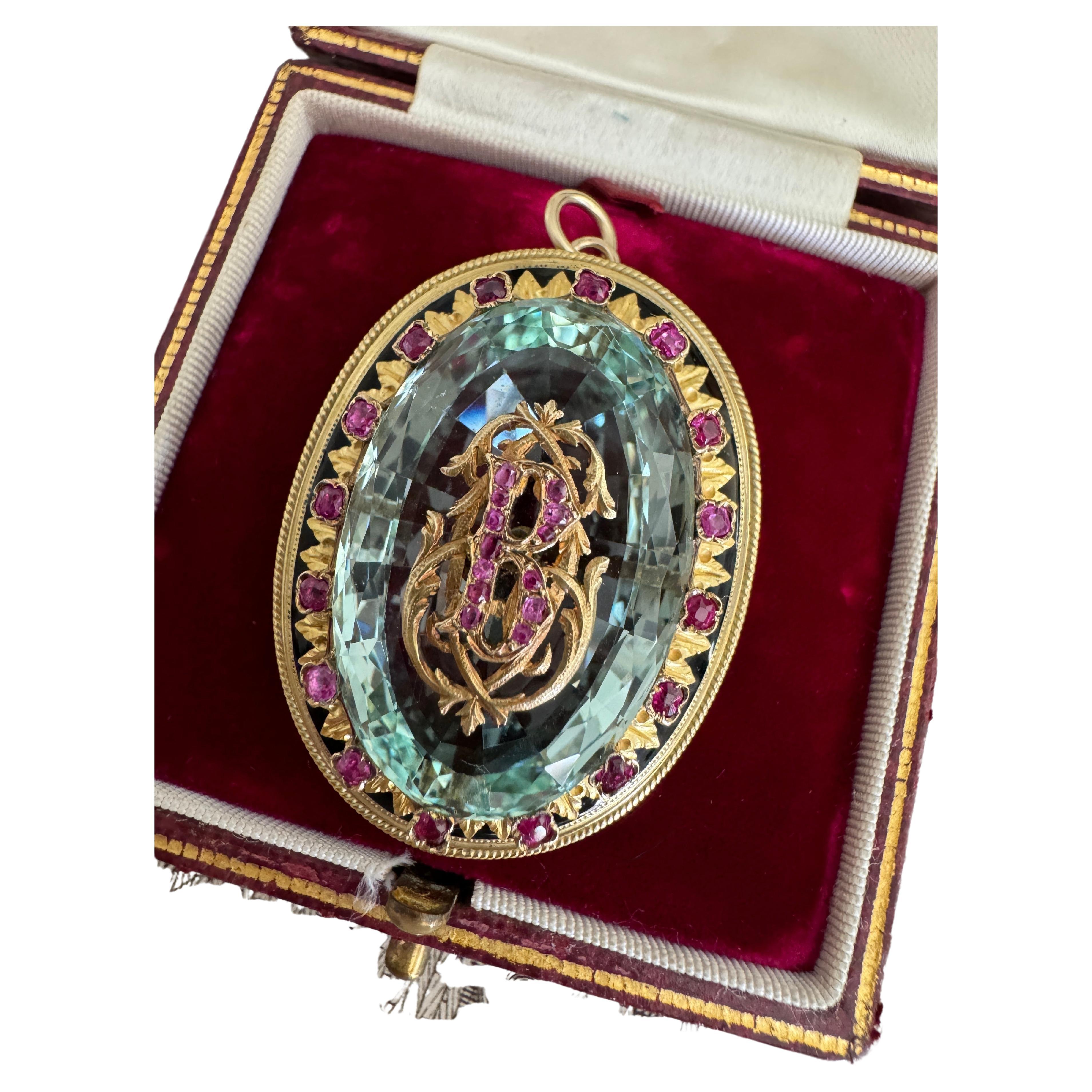 Antique Victorian 18K Aquamarine and Ruby Initial "B" Pendant For Sale