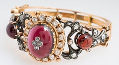 Antique Victorian 18 Karat Bohemian Garnet and Diamond Bangle Bracelet