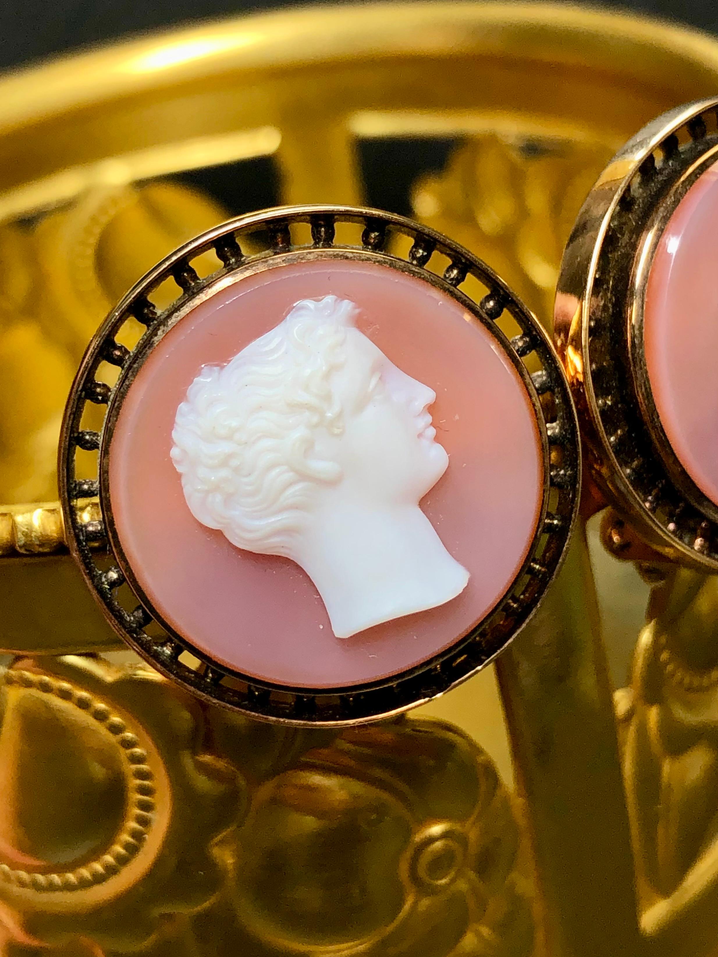 Uncut Antique Victorian 18K Carnelian Hardstone Cameo Clip On Huggie Earrings For Sale
