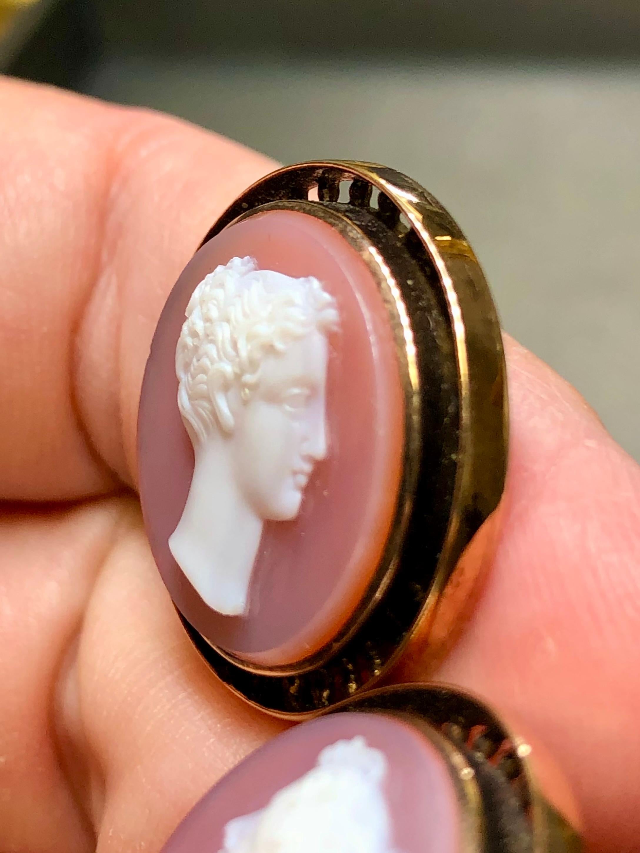 Women's or Men's Antique Victorian 18K Carnelian Hardstone Cameo Clip On Huggie Earrings For Sale