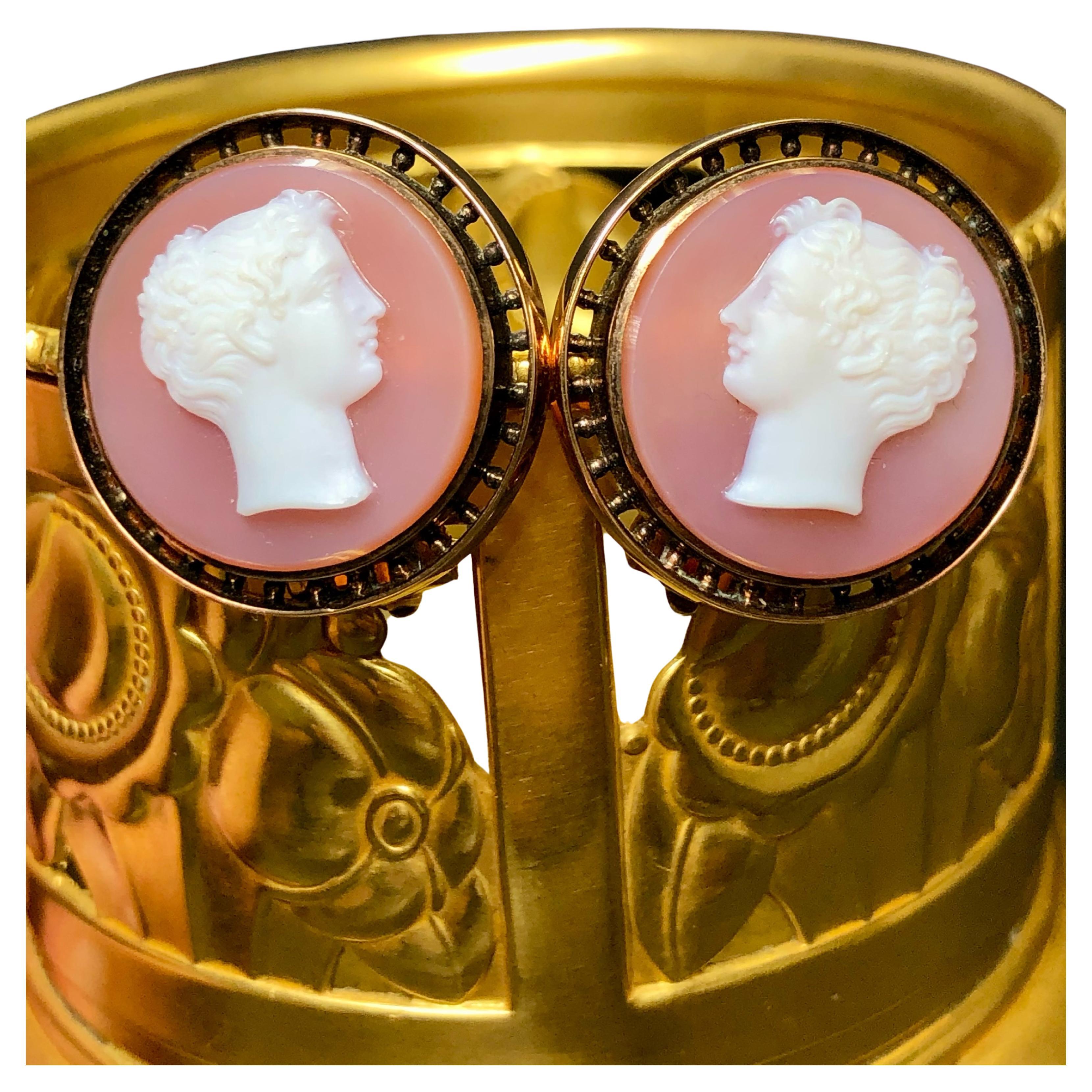 Antique Victorian 18K Carnelian Hardstone Cameo Clip On Huggie Earrings For Sale