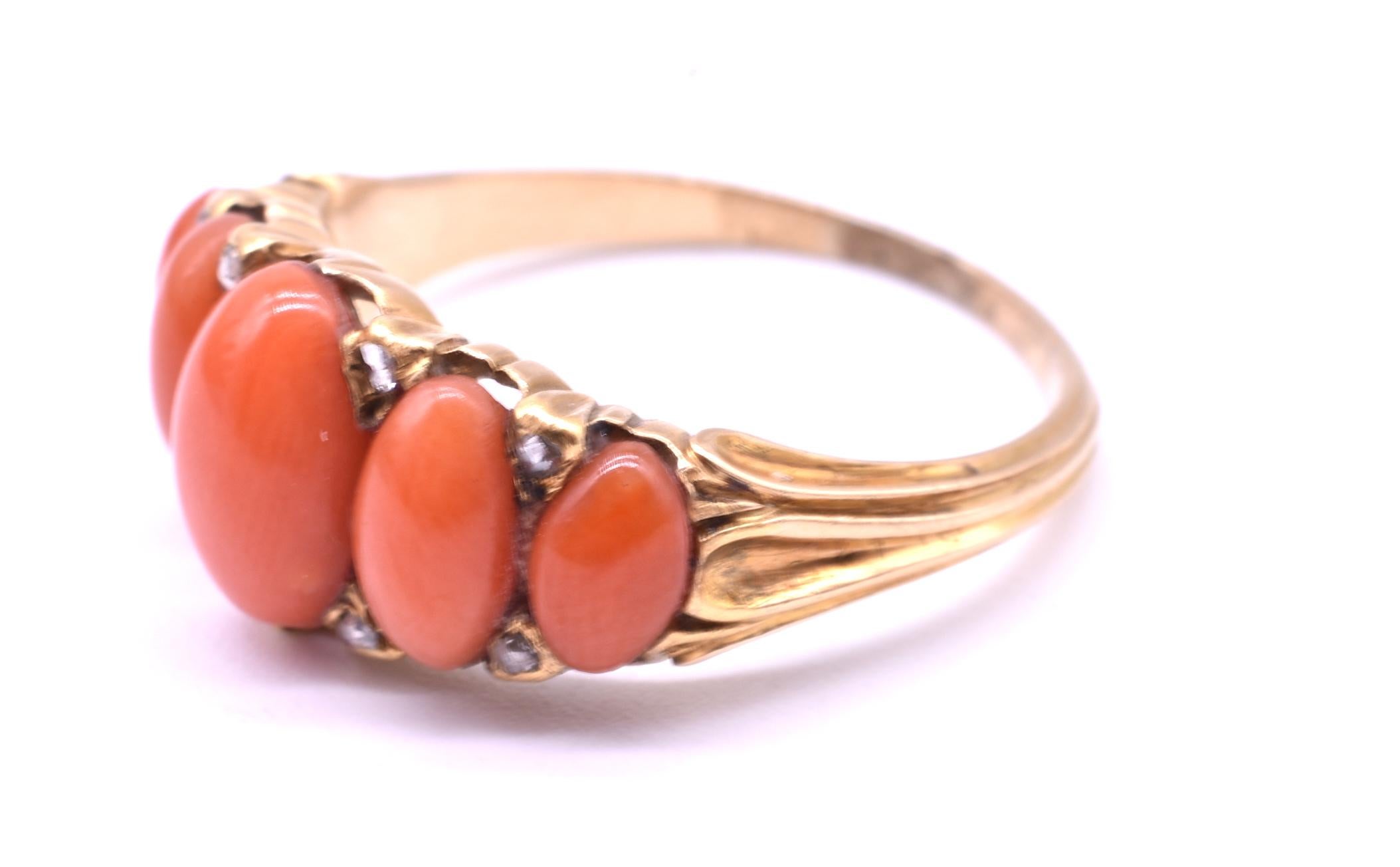 Oval Cut Antique Victorian 18 Karat Five-Stone Coral and Diamond Ring c1860