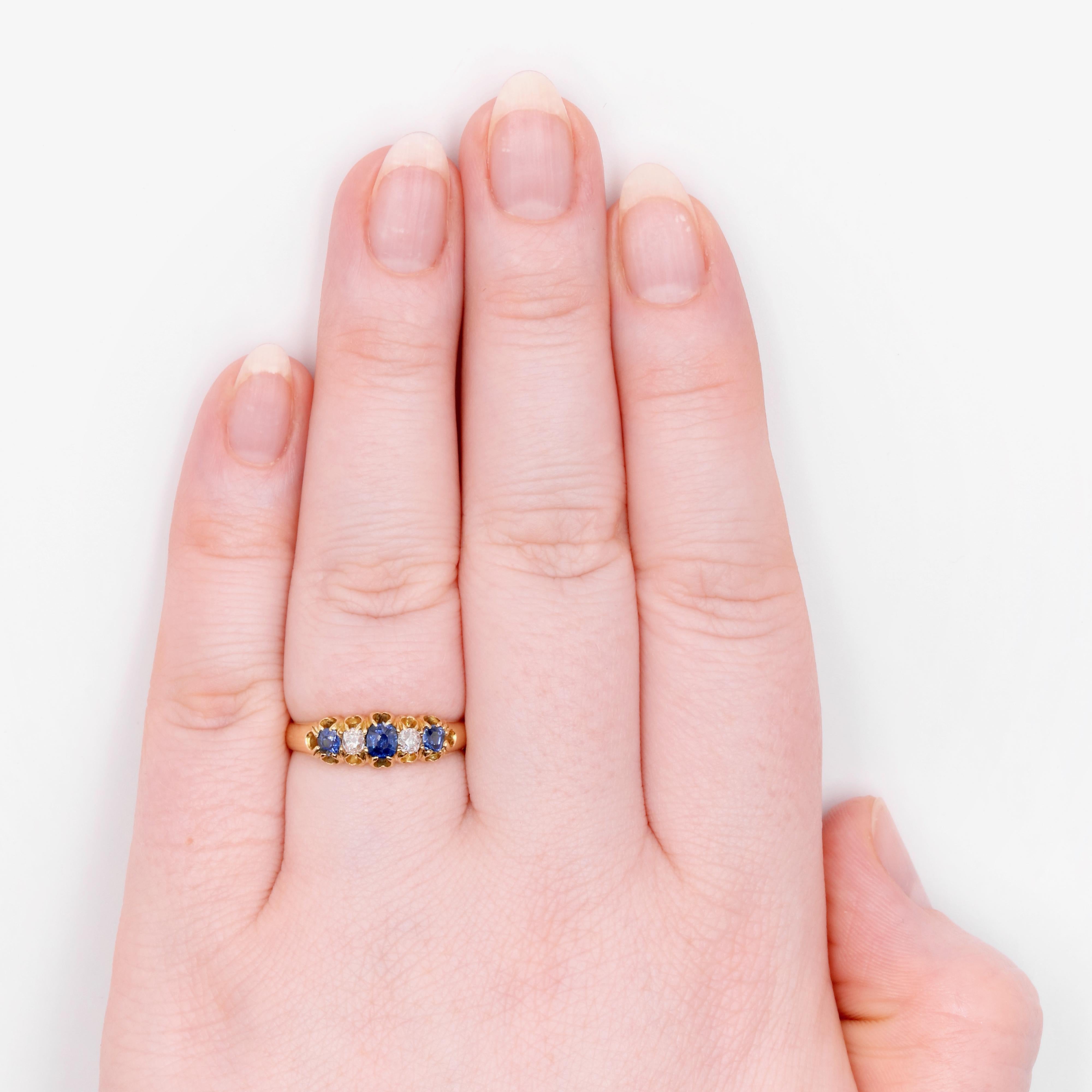 Antique Victorian 18K Gold 0.63tgw Sapphire and Old Cut Diamond 5 Stone Ring For Sale 5
