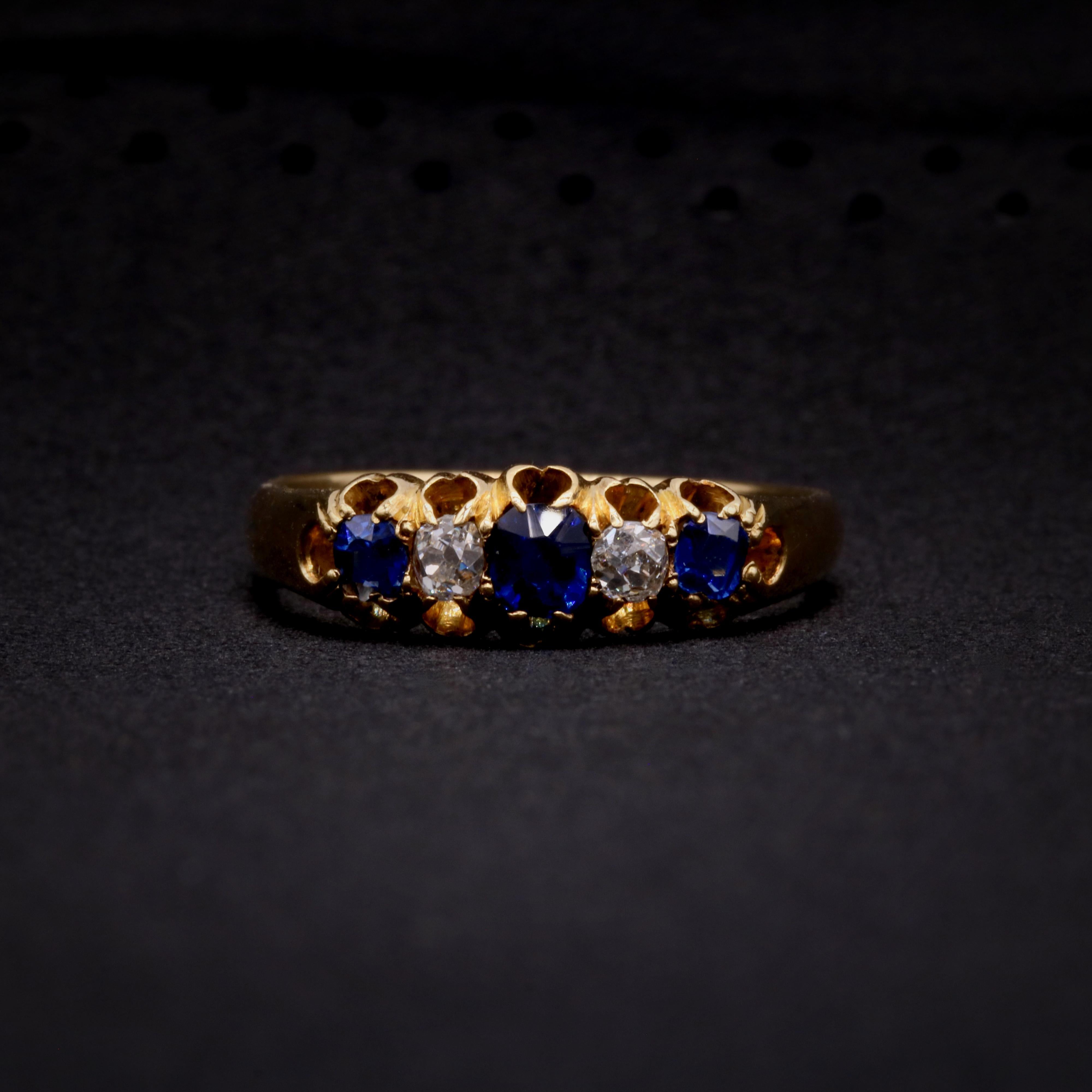 Old Mine Cut Antique Victorian 18K Gold 0.63tgw Sapphire and Old Cut Diamond 5 Stone Ring For Sale
