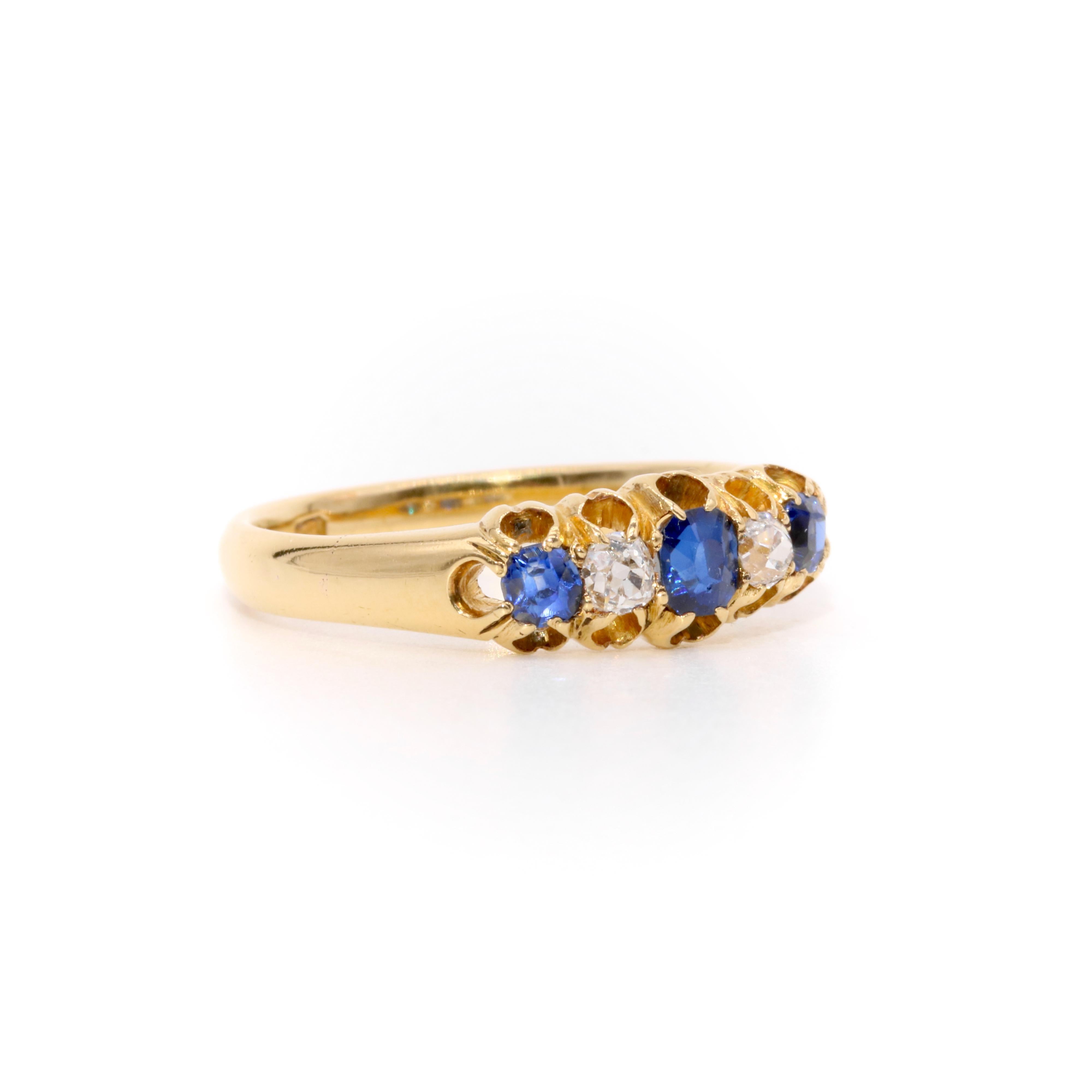 Women's or Men's Antique Victorian 18K Gold 0.63tgw Sapphire and Old Cut Diamond 5 Stone Ring For Sale