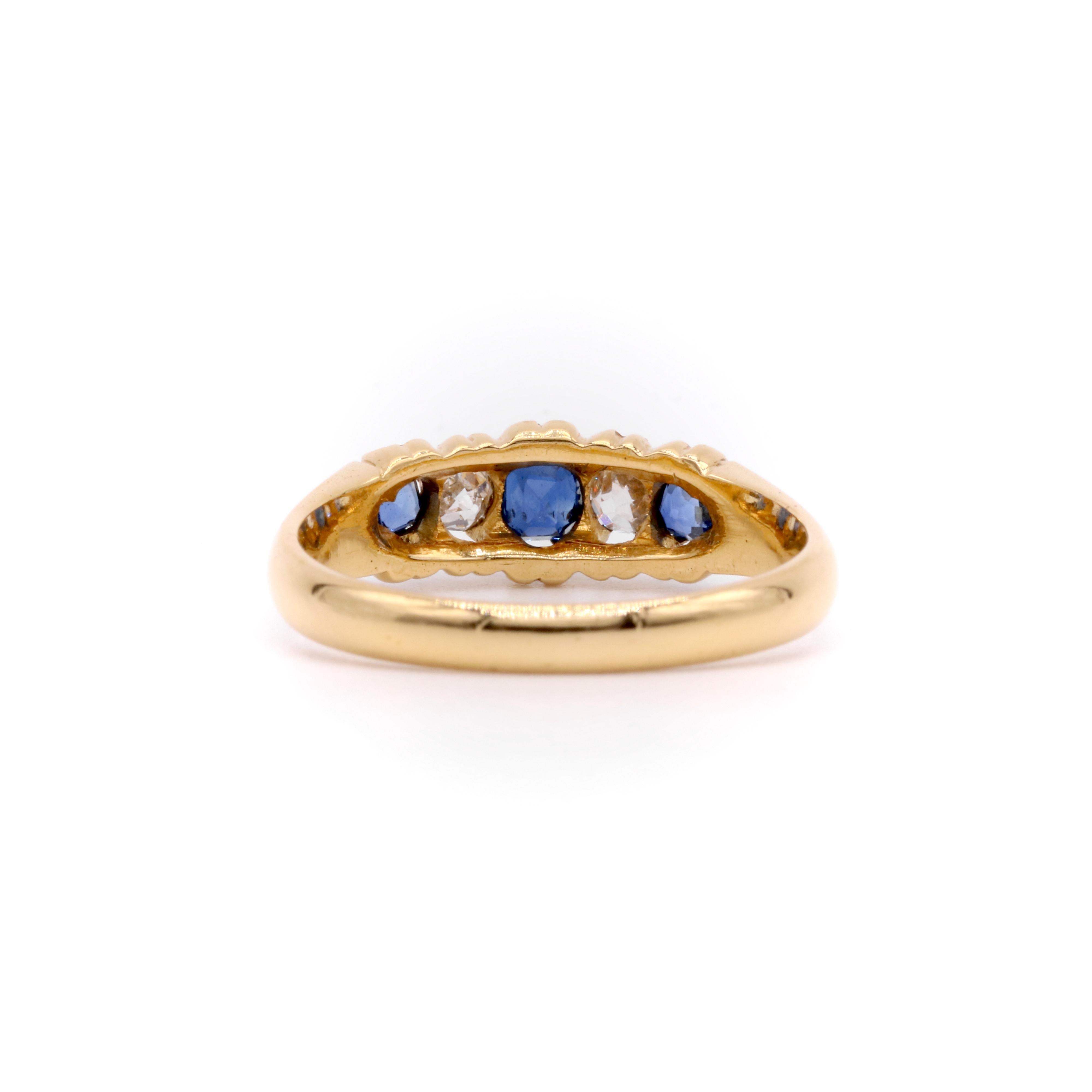 Antique Victorian 18K Gold 0.63tgw Sapphire and Old Cut Diamond 5 Stone Ring For Sale 2