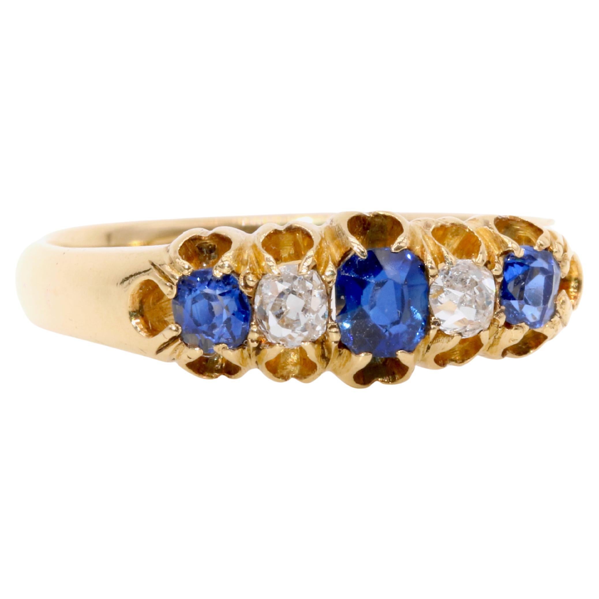 Antique Victorian 18K Gold 0.63tgw Sapphire and Old Cut Diamond 5 Stone Ring