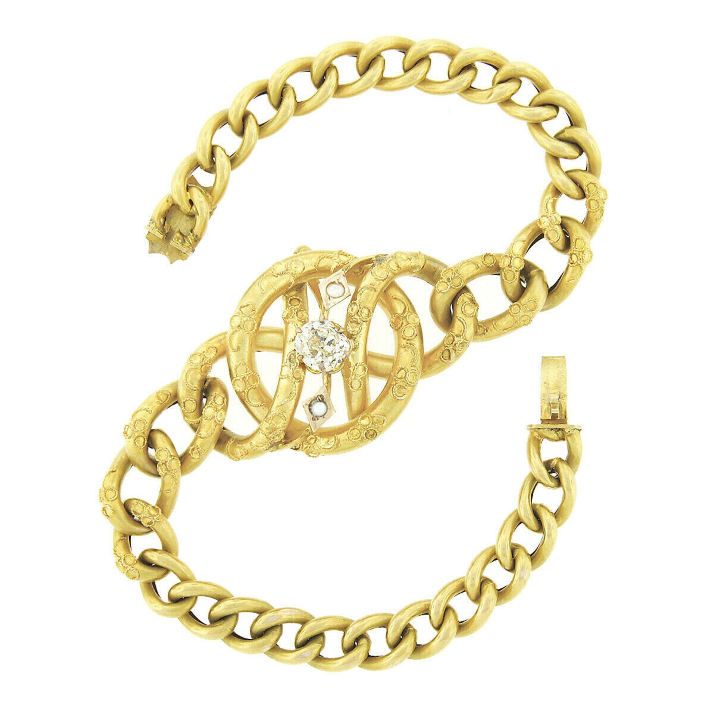 Late Victorian Antique Victorian 18k Gold 0.76ct GIA Mine Cut Diamond Curb Link Chain Bracelet