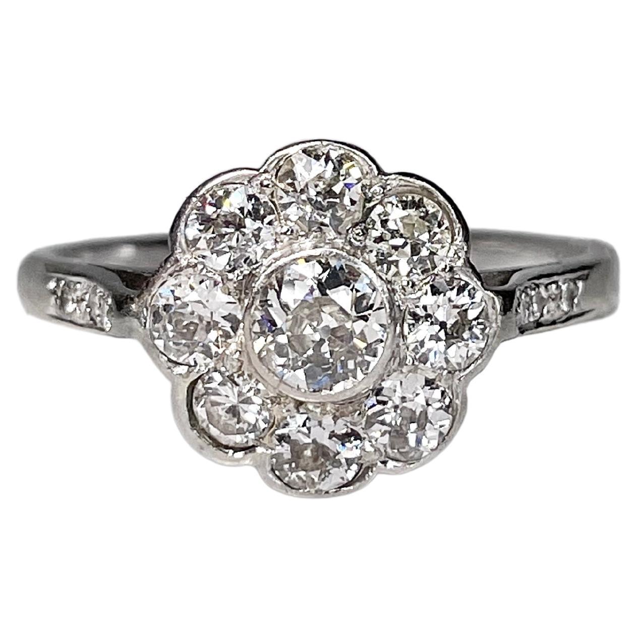 Diamond Cluster Engagement Ring 14K White Gold Over Antique Daisy 1.00CT