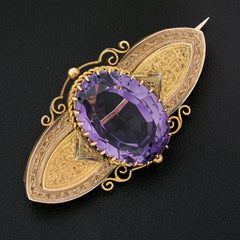 Antique Victorian 18k Gold 13.50ctw Oval Amethyst w/ Hand Engraved Brooch Pin