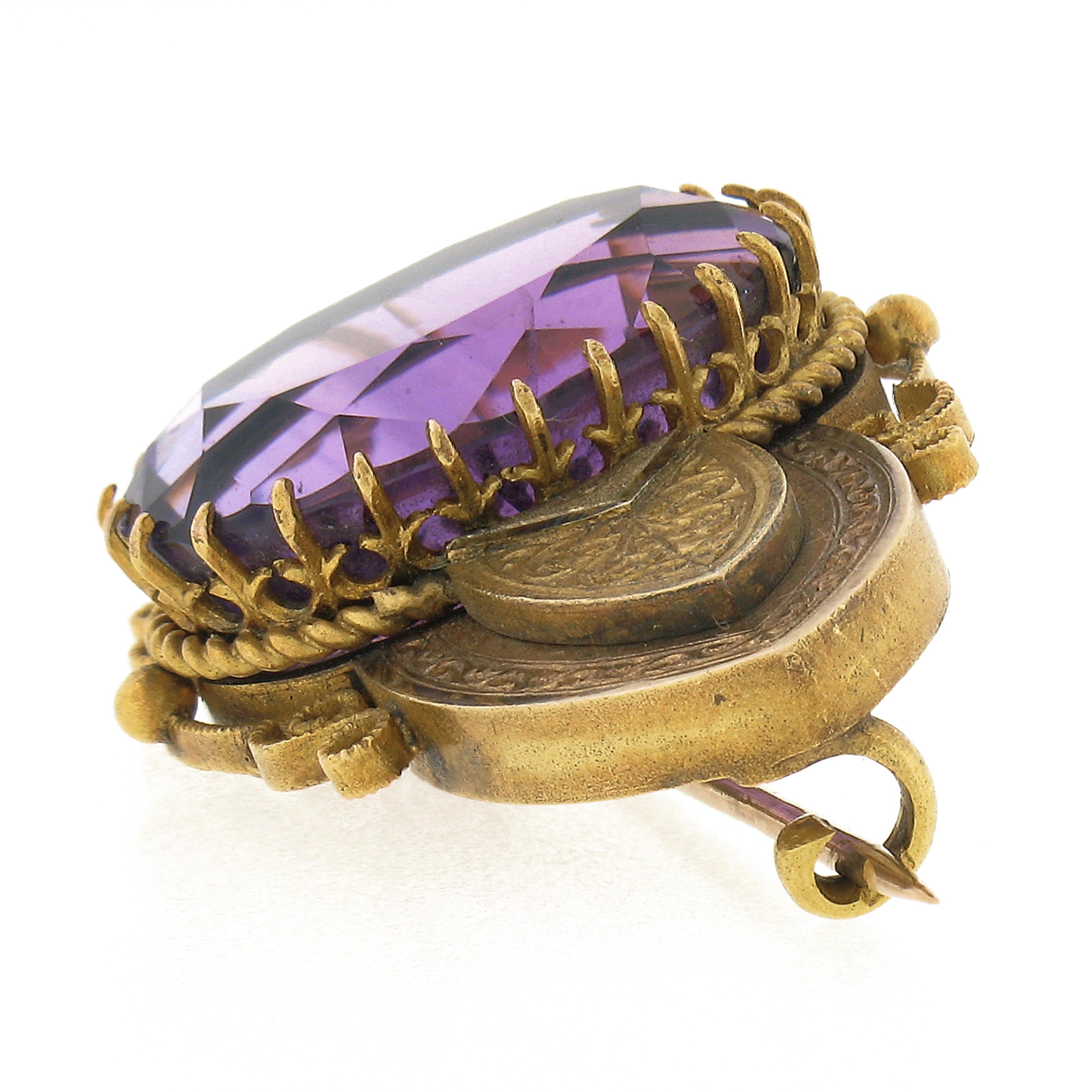 Oval Cut Antique Victorian 18k Gold 13.50ctw Oval Amethyst w/ Hand Engraved Brooch Pin For Sale