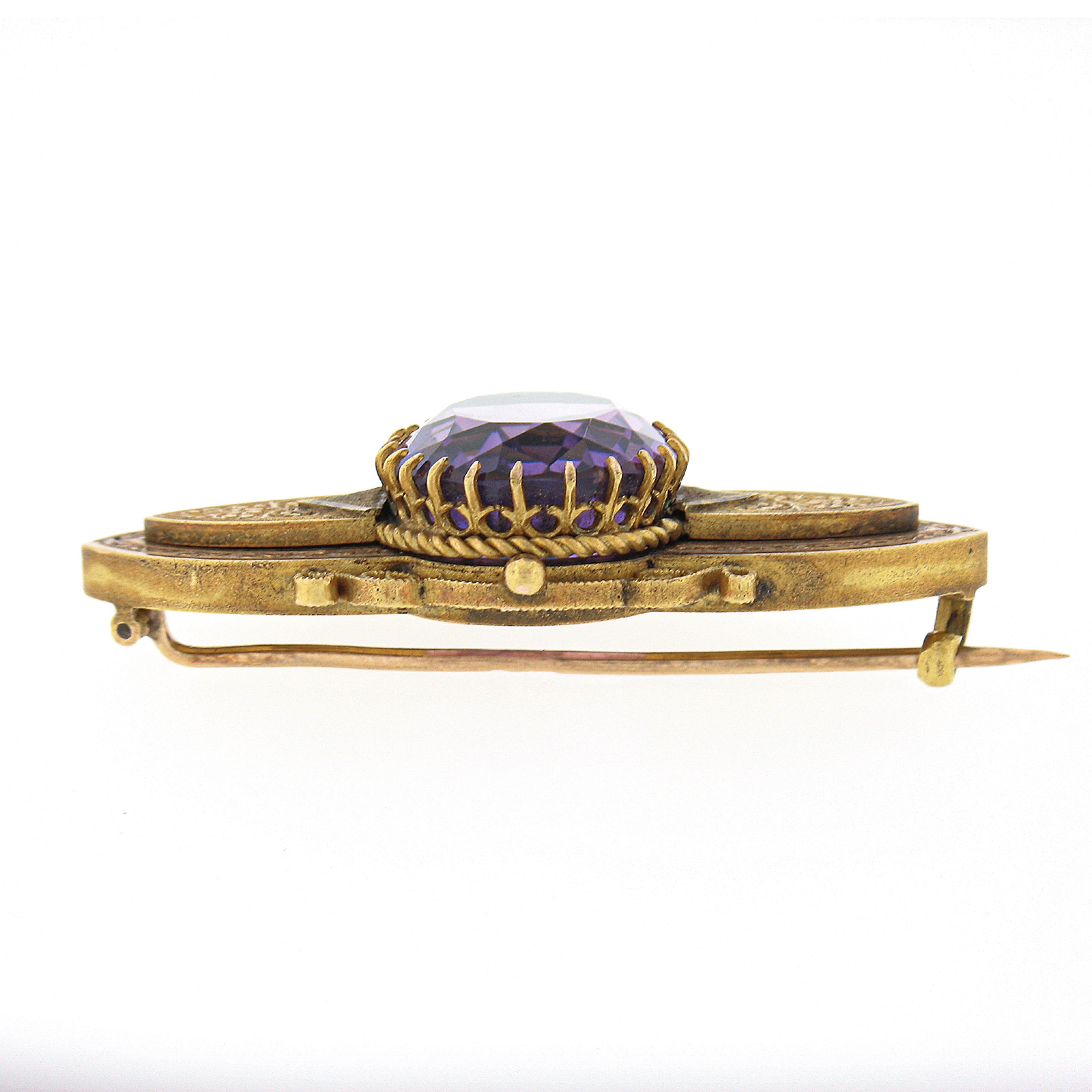 Antique Victorian 18k Gold 13.50ctw Oval Amethyst w/ Hand Engraved Brooch Pin In Good Condition For Sale In Montclair, NJ