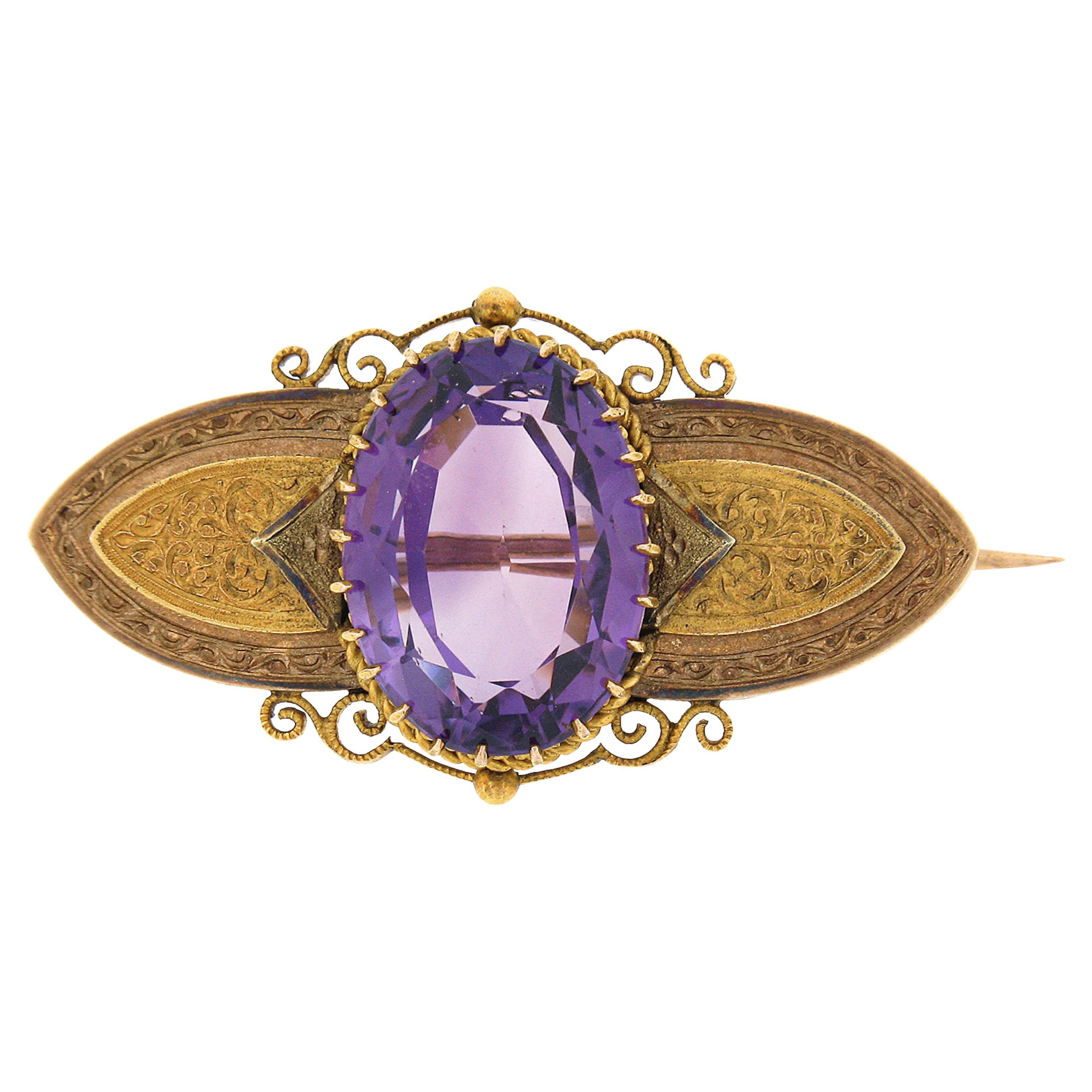Antique Victorian 18k Gold 13.50ctw Oval Amethyst w/ Hand Engraved Brooch Pin For Sale