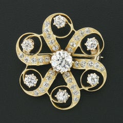 Antique Victorian 18k Gold 1.97ctw Old European Diamond Swirl Flower Pin Brooch