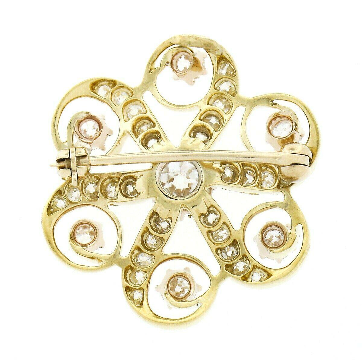 Old European Cut Antique Victorian 18k Gold 1.97ctw Old European Diamond Swirl Flower Pin Brooch For Sale