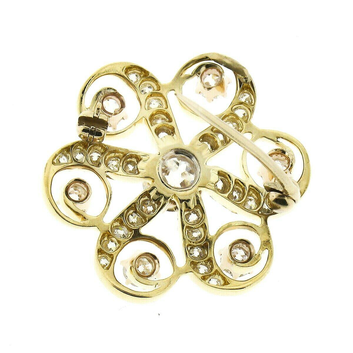 Antique Victorian 18k Gold 1.97ctw Old European Diamond Swirl Flower Pin Brooch In Good Condition For Sale In Montclair, NJ