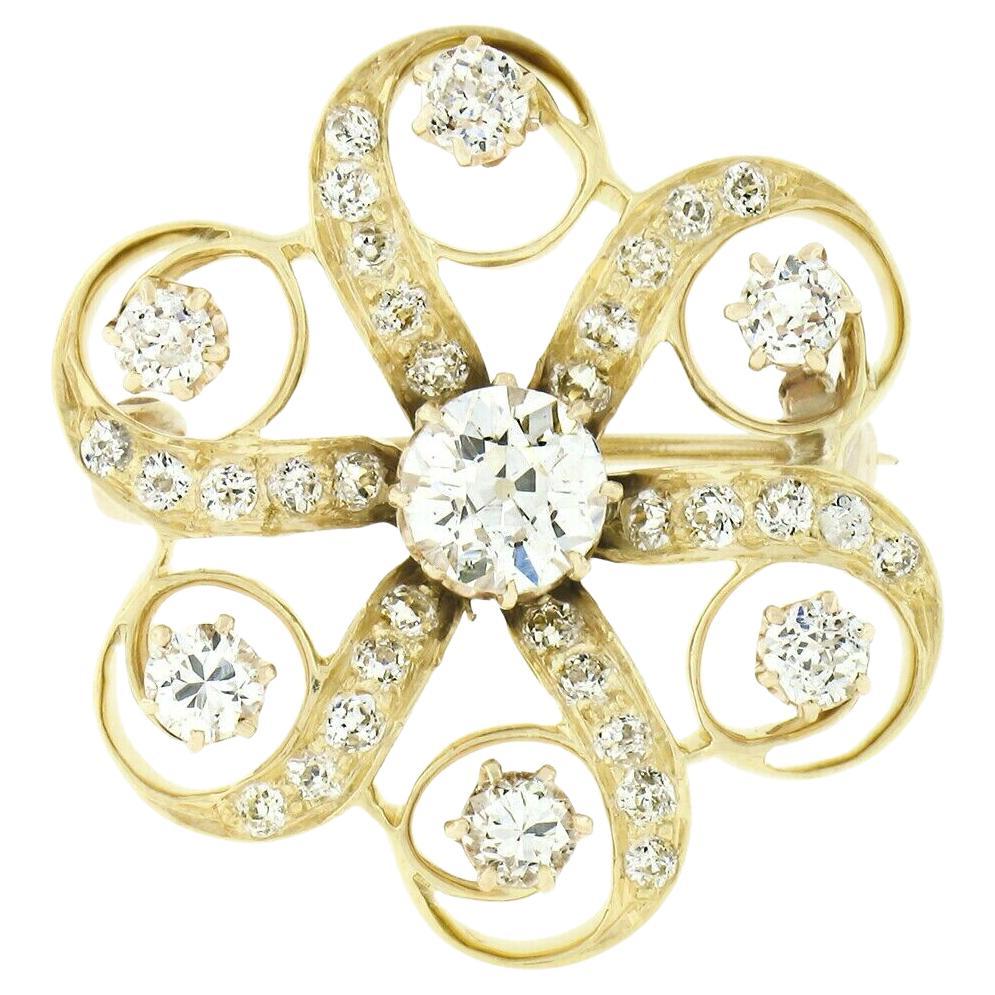 Broche fleur tourbillonnante ancienne victorienne en or 18 carats avec diamants européens de 1,97 carat poids total