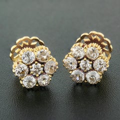 Antique Victorian 18k Gold 2.38ctw Old Diamond Flower Cluster Stud Earrings