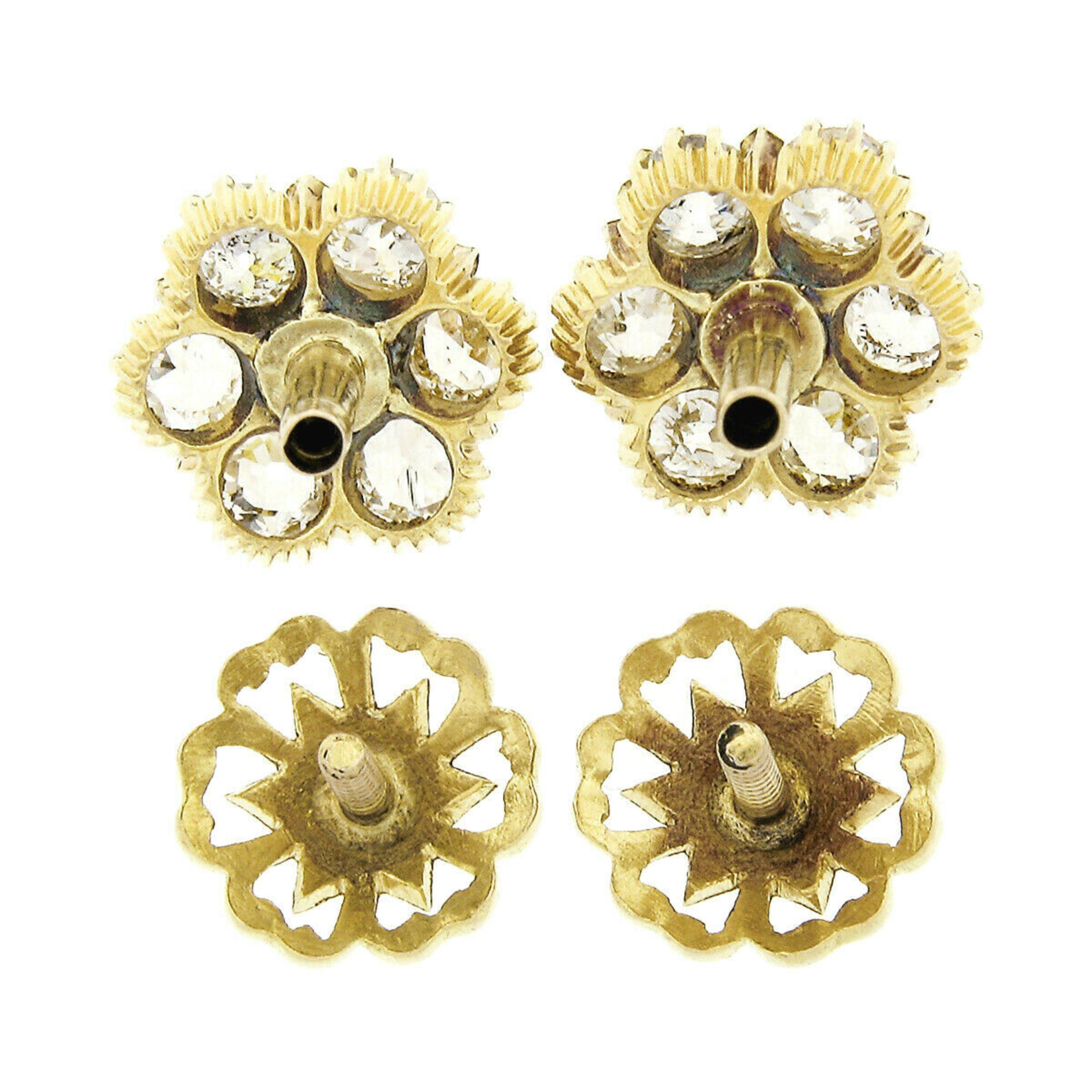 Old European Cut Antique Victorian 18k Gold 2.38ctw Old Diamond Flower Cluster Stud Earrings