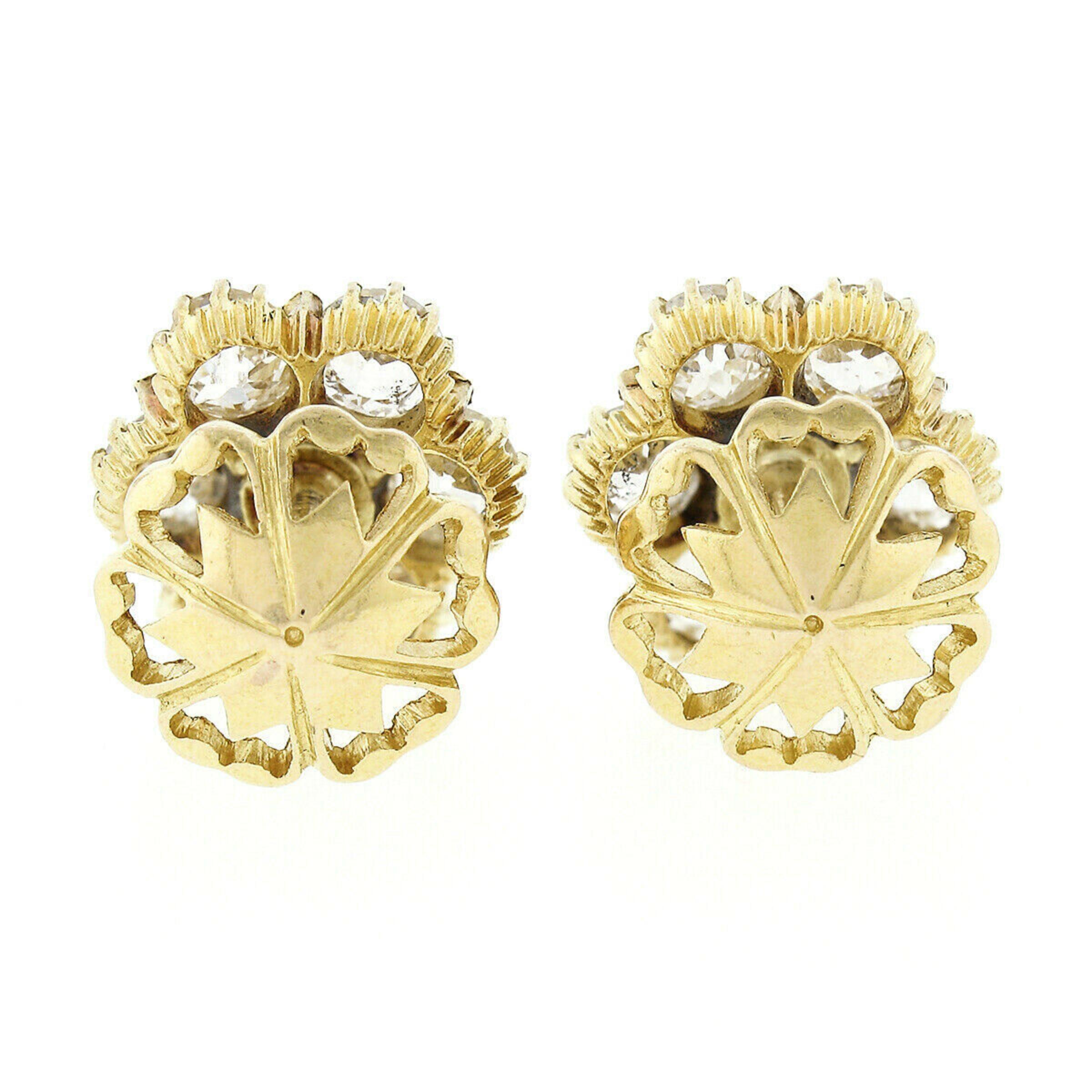 Antique Victorian 18k Gold 2.38ctw Old Diamond Flower Cluster Stud Earrings In Good Condition In Montclair, NJ