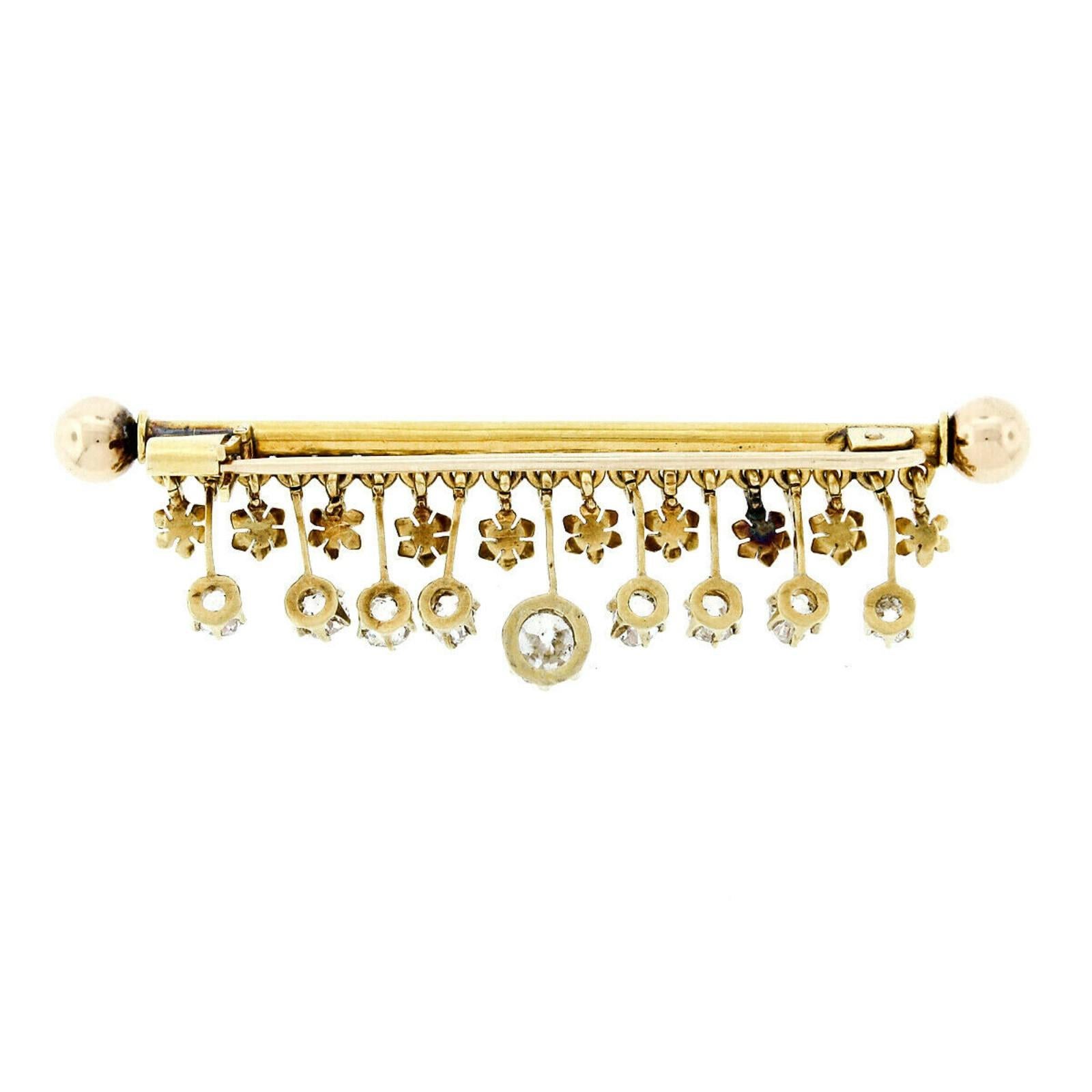Victorian 18 Karat Gold 2.40 Carat Old Mine Diamond Flower Dangle Bar Pin Brooch For Sale 1
