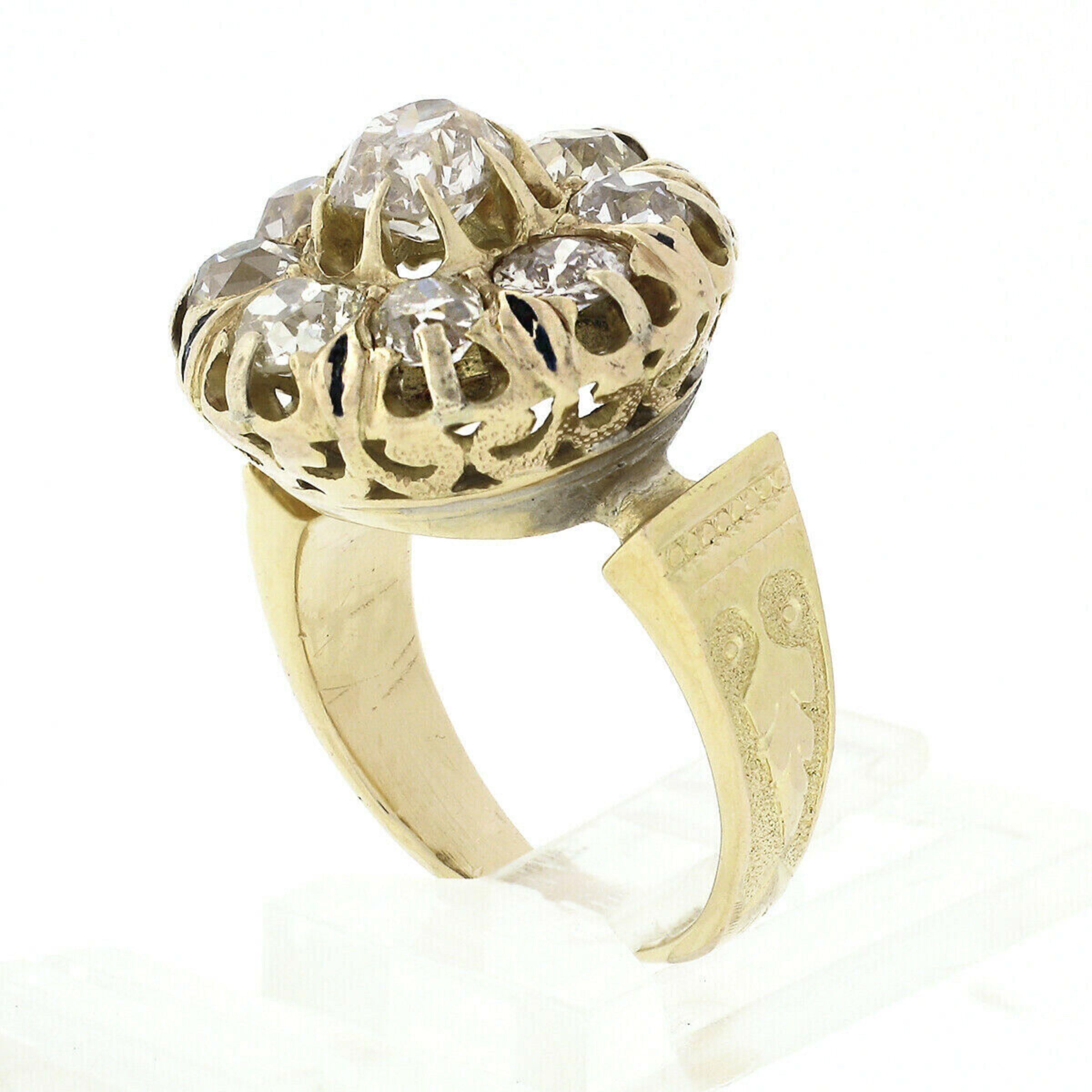 Women's Antique Victorian 18k Gold 2.95ctw Old Mine Cut Diamond Blue Enamel Platter Ring
