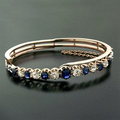 Antique Victorian 18k Gold 4.60ct No Heat GIA Sapphire & Diamond Bangle Bracelet