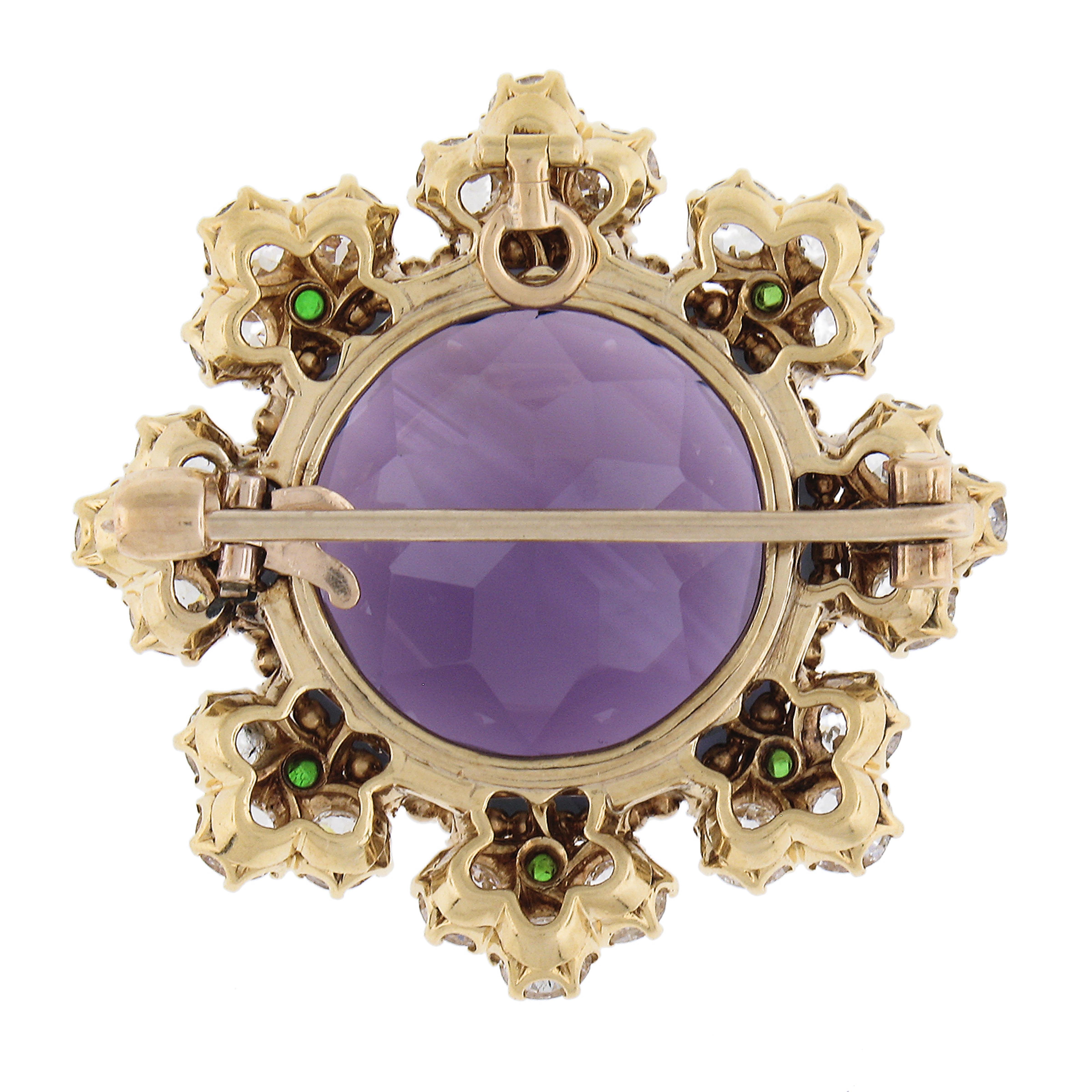 Antiguo Victoriano 18k Oro Amatista Demantoide Granates Antiguo Diamante Broche Colgante Corte redondo en venta