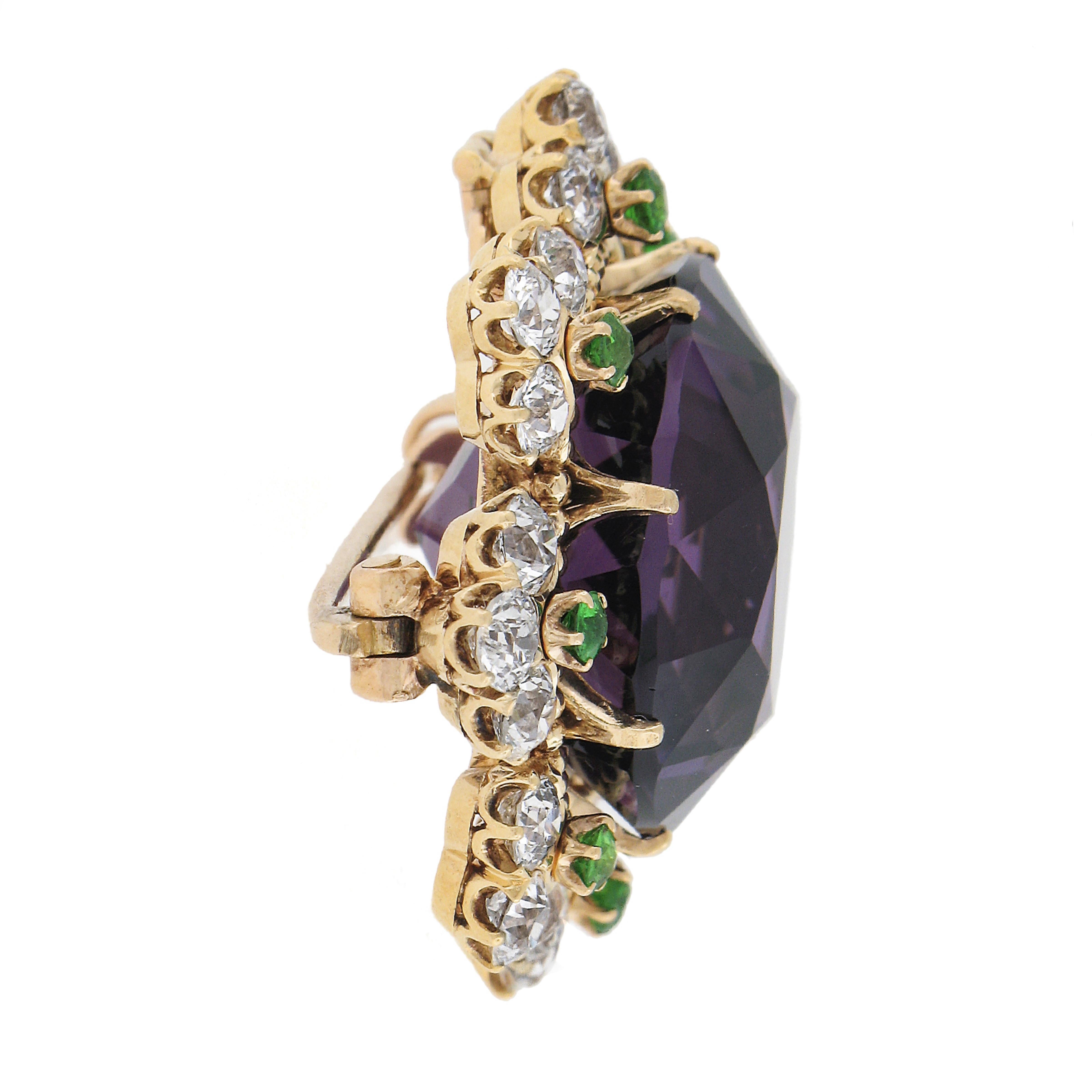Antiguo Victoriano 18k Oro Amatista Demantoide Granates Antiguo Diamante Broche Colgante en venta 1