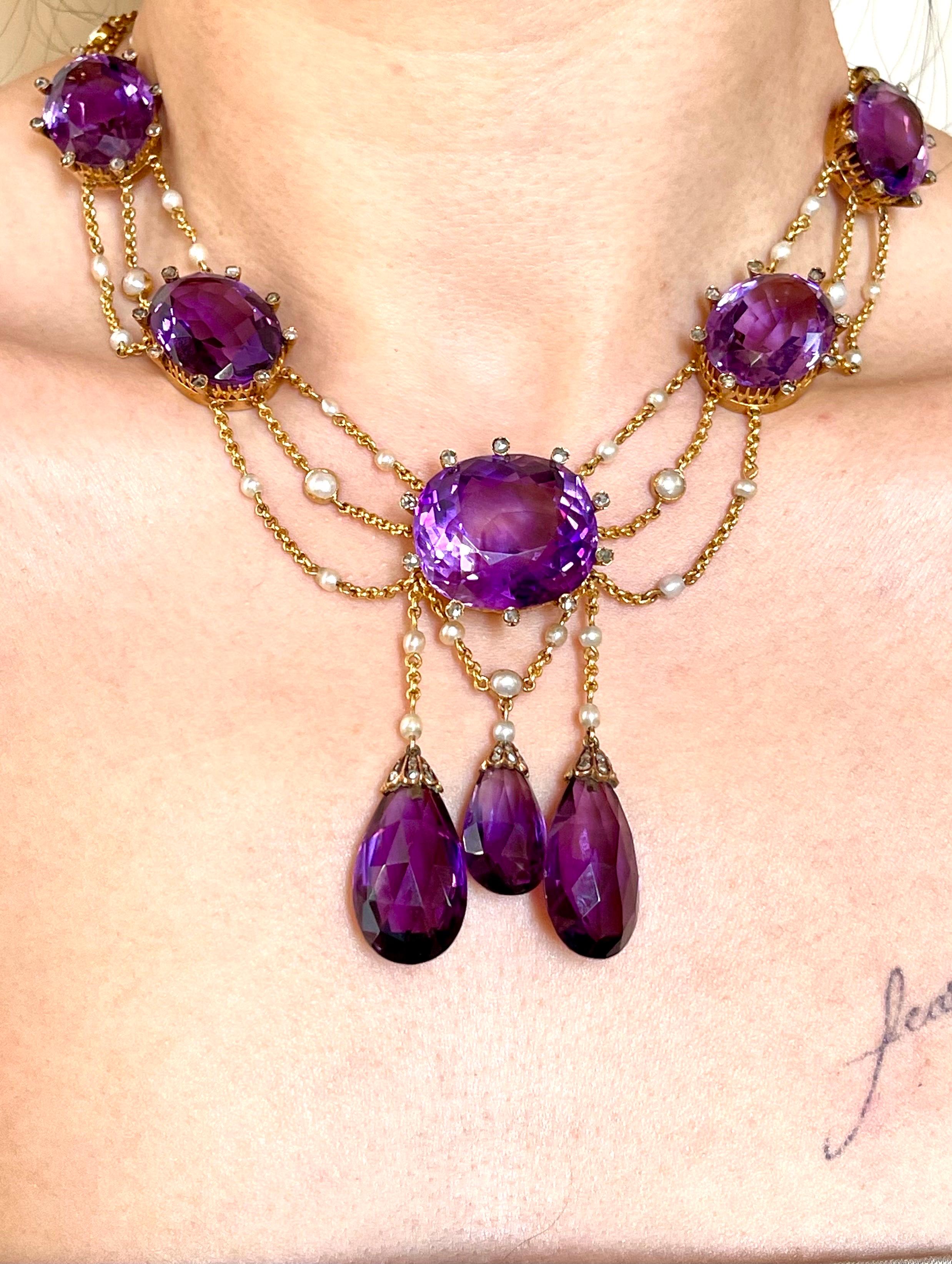 Mixed Cut Antique Victorian 18K Gold Amethyst Diamond Natural Pearl Festoon Necklace