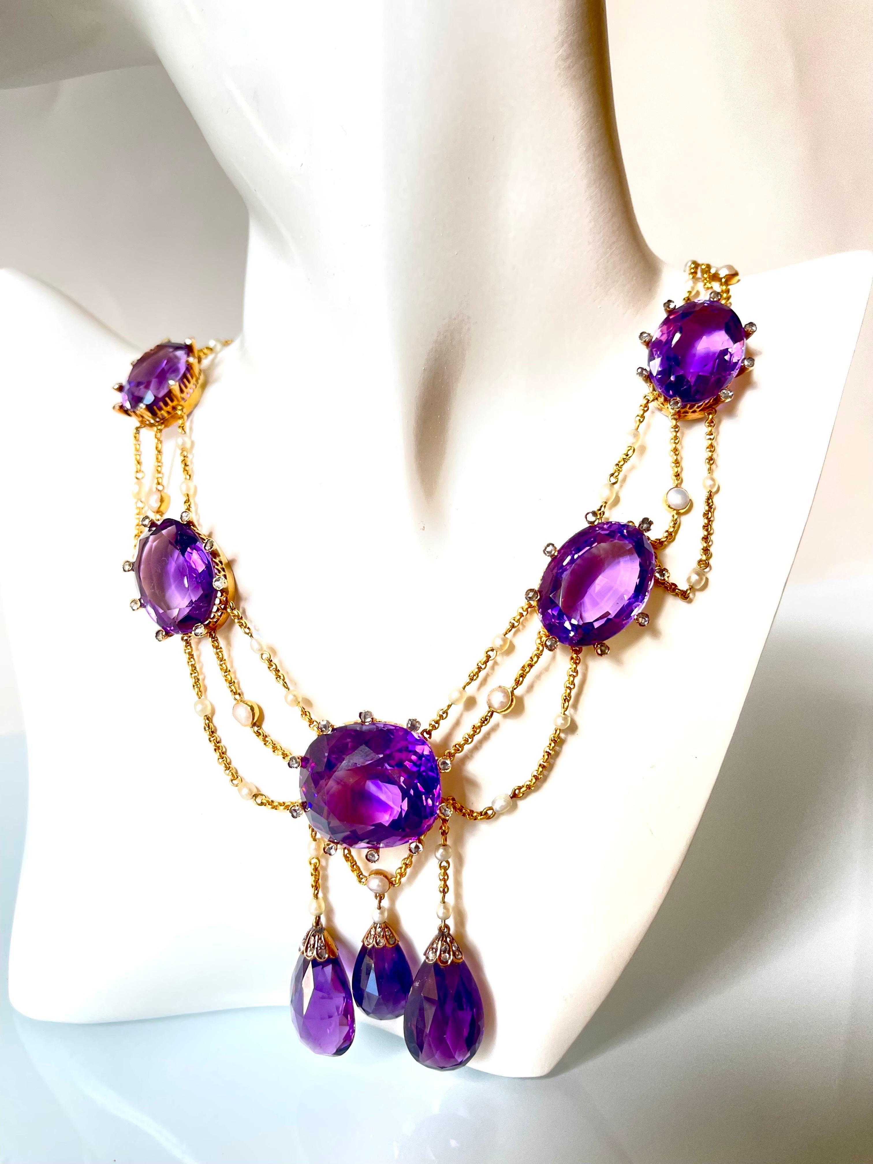 Antique Victorian 18K Gold Amethyst Diamond Natural Pearl Festoon Necklace In Good Condition In Firenze, IT