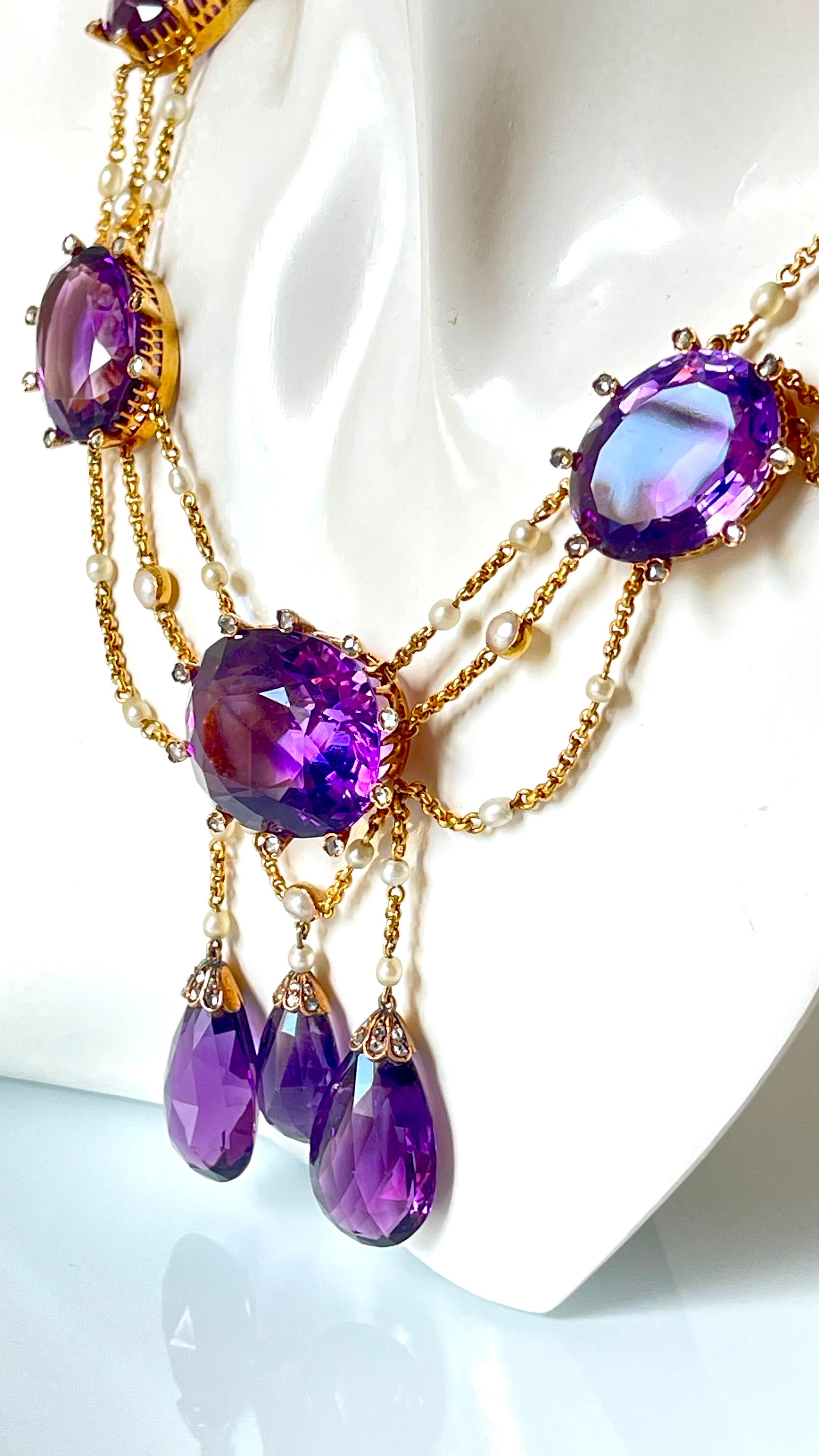 Antique Victorian 18K Gold Amethyst Diamond Natural Pearl Festoon Necklace 1