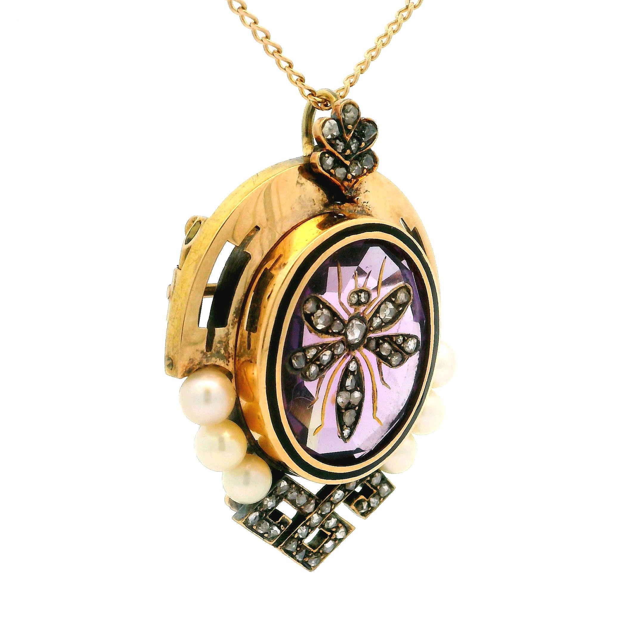 Oval Cut Antique Victorian 18k Gold Amethyst Pearl & Diamond Bee Brooch Pendant Necklace For Sale