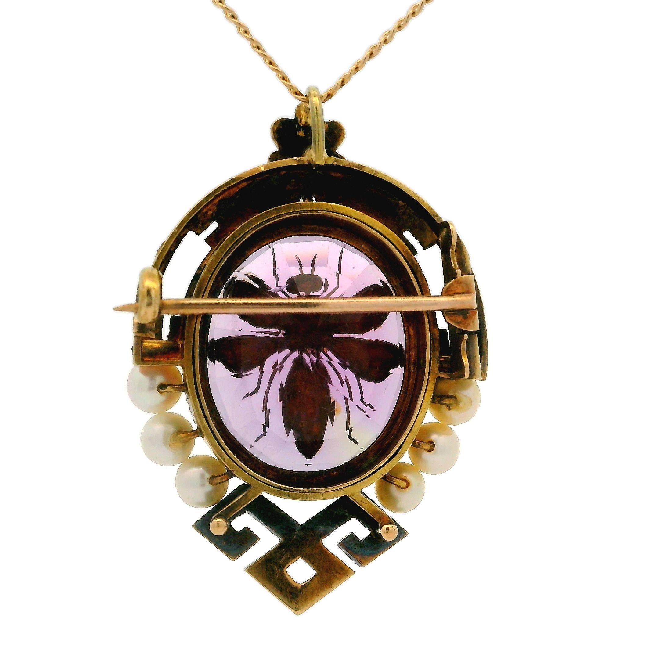 Antique Victorian 18k Gold Amethyst Pearl & Diamond Bee Brooch Pendant Necklace In Excellent Condition For Sale In Montclair, NJ