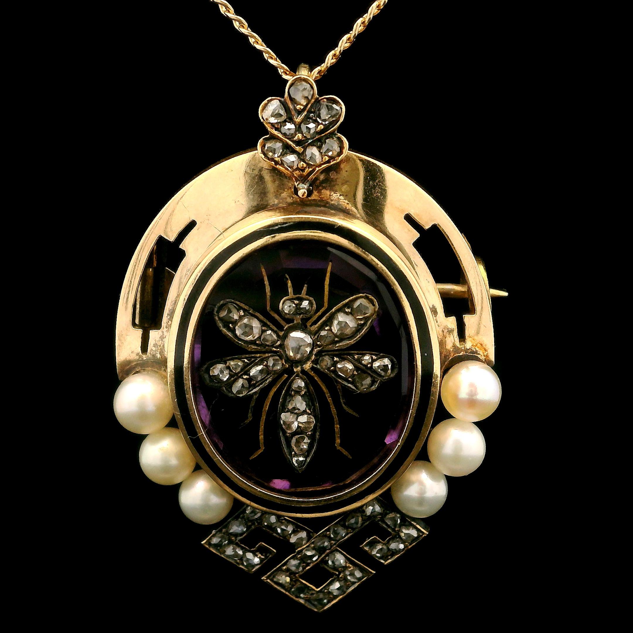 Women's Antique Victorian 18k Gold Amethyst Pearl & Diamond Bee Brooch Pendant Necklace For Sale