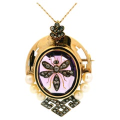 Antique Victorian 18k Gold Amethyst Pearl & Diamond Bee Brooch Pendant Necklace
