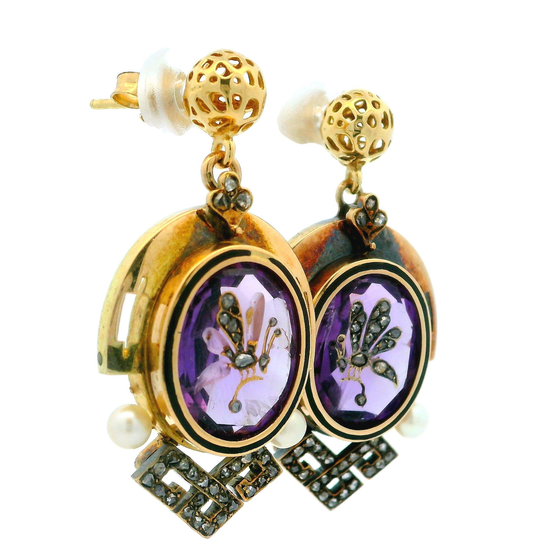 --Stone(s):--
(81) Natural Genuine Diamonds - Old Rose Cut - Pave Set
(2) Natural Genuine Amethysts - Oval Cut - Transparent Medium Color - 13.4x10.4mm (approx.)
(4) Genuine Cultured Pearls - Round Shape - White Color - 2.9mm each