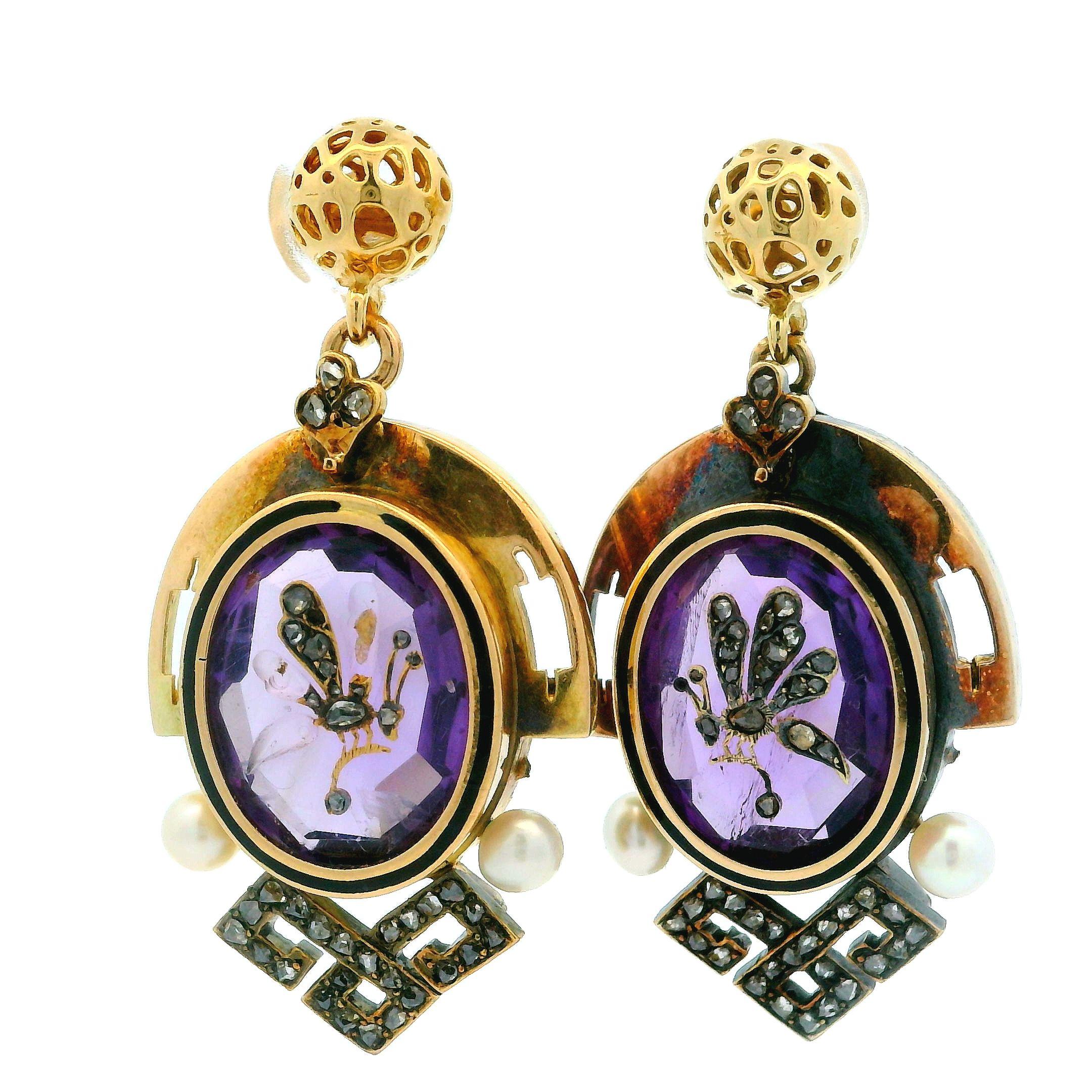 Oval Cut Antique Victorian 18k Gold Amethyst Pearl & Diamond Fly Insect Dangle Earrings For Sale