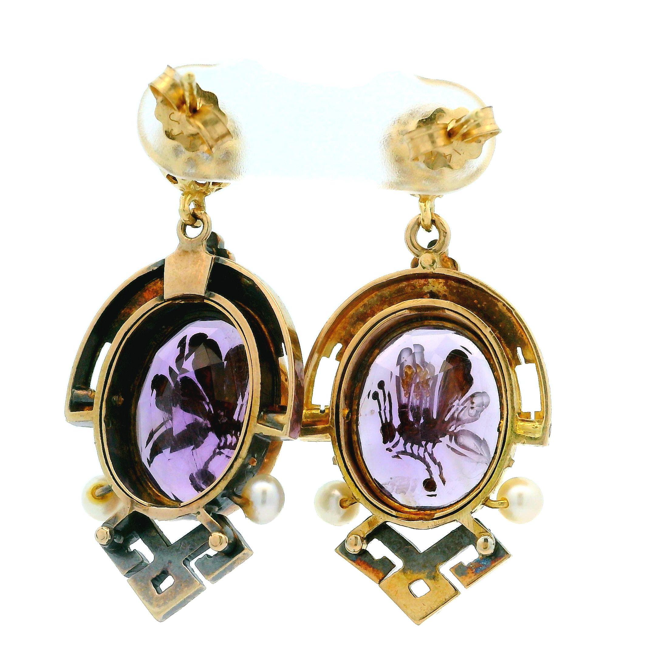 Antique Victorian 18k Gold Amethyst Pearl & Diamond Fly Insect Dangle Earrings In Good Condition For Sale In Montclair, NJ