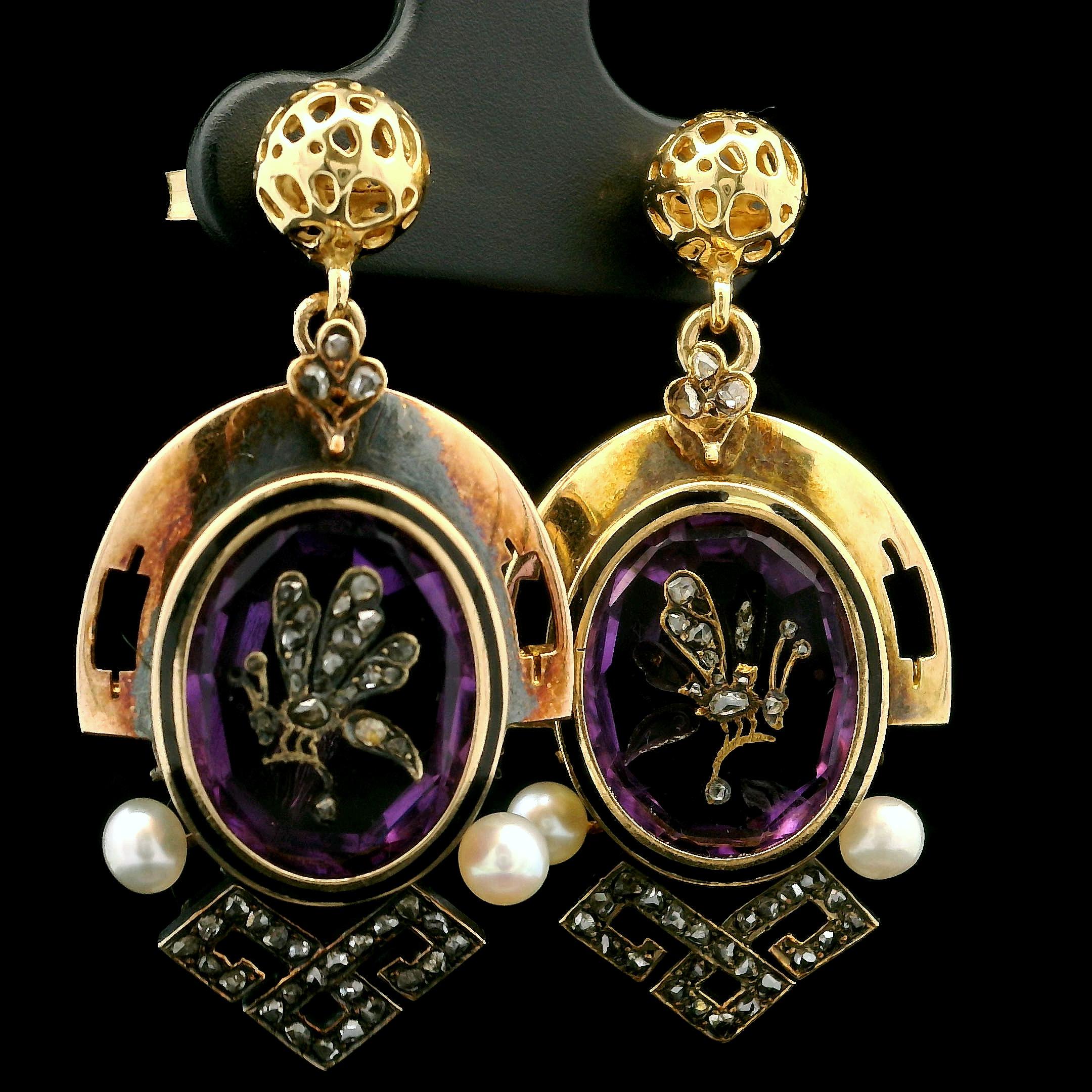 Women's Antique Victorian 18k Gold Amethyst Pearl & Diamond Fly Insect Dangle Earrings For Sale