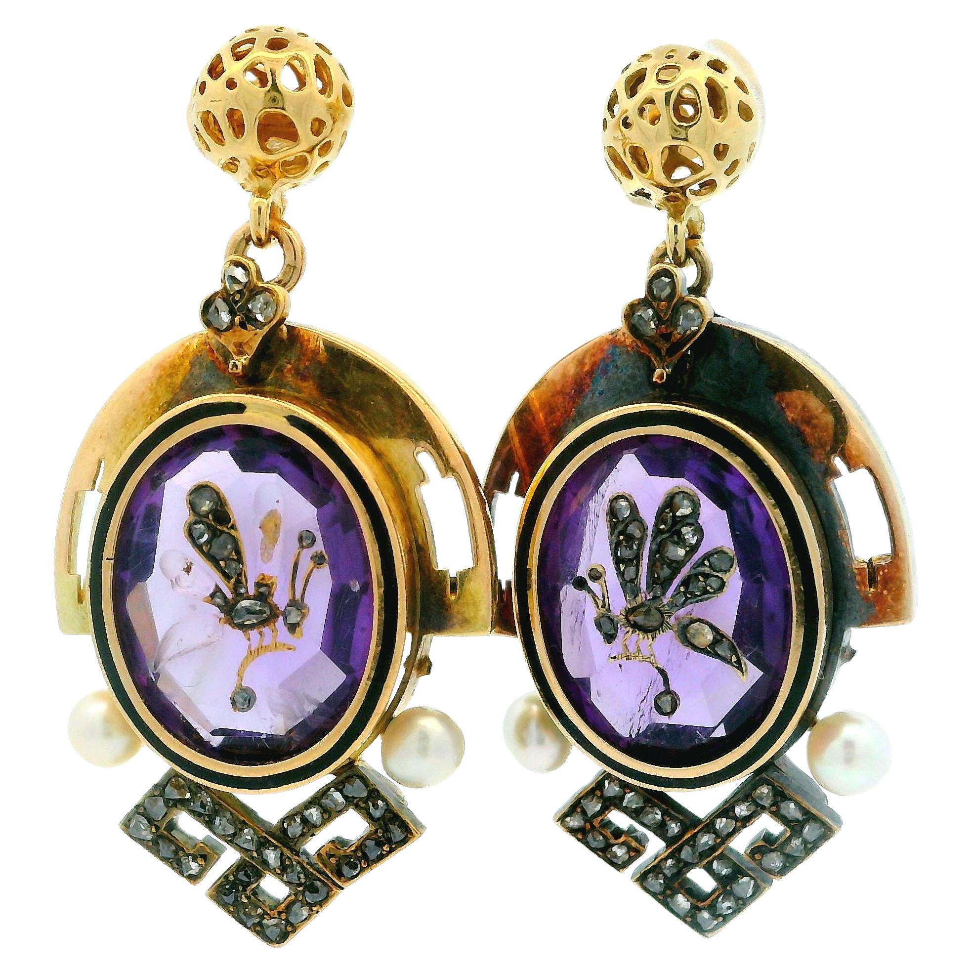 Antique Victorian 18k Gold Amethyst Pearl & Diamond Fly Insect Dangle Earrings