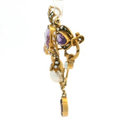 Antique Victorian 18k Gold Amethyst & Seed Pearl Floral Dangle Brooch Pendant
