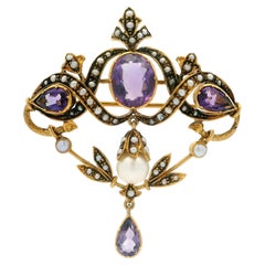 Antique Victorian 18k Gold Amethyst & Seed Pearl Floral Dangle Brooch Pendant