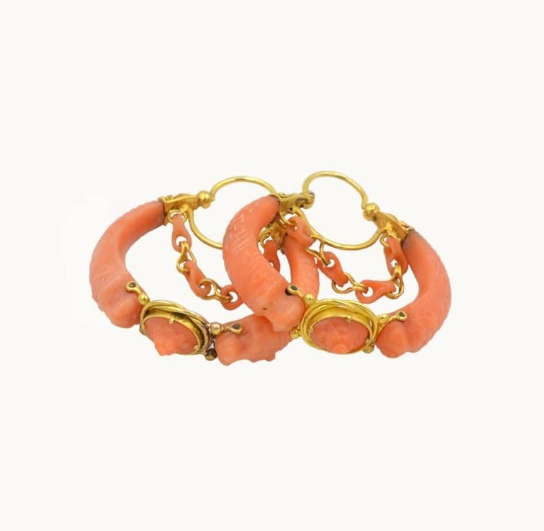 Women's Antique Victorian 18 Karat Gold and Carved Coral Hoop Earrings For Sale