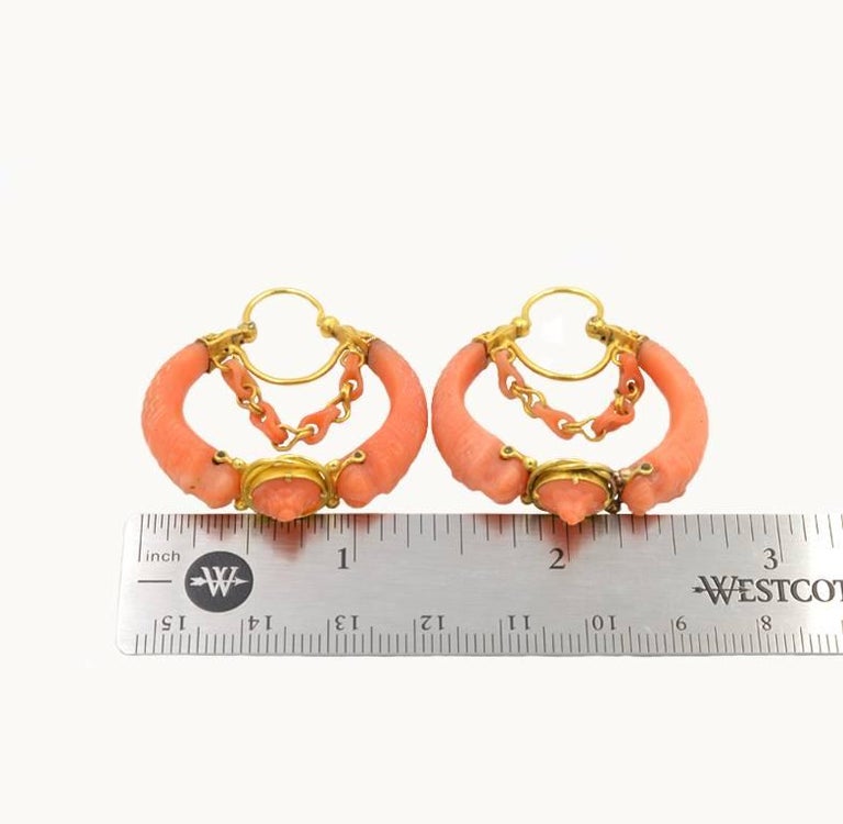 Antique Victorian 18 Karat Gold and Carved Coral Hoop Earrings For Sale 1
