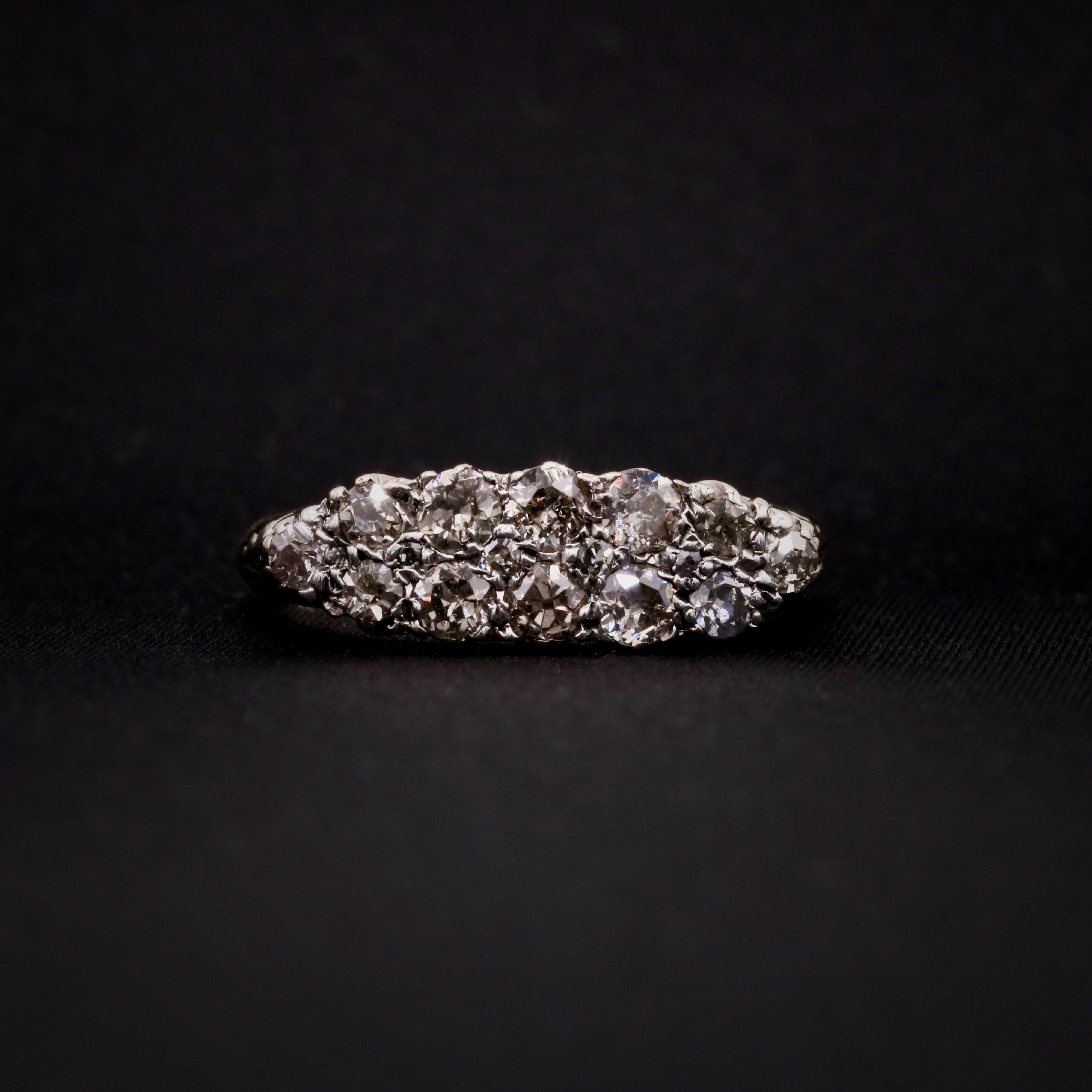 Old European Cut Antique Victorian 18K Gold and Silver 0.85ctw Old Cut Diamond Double Row Ring For Sale