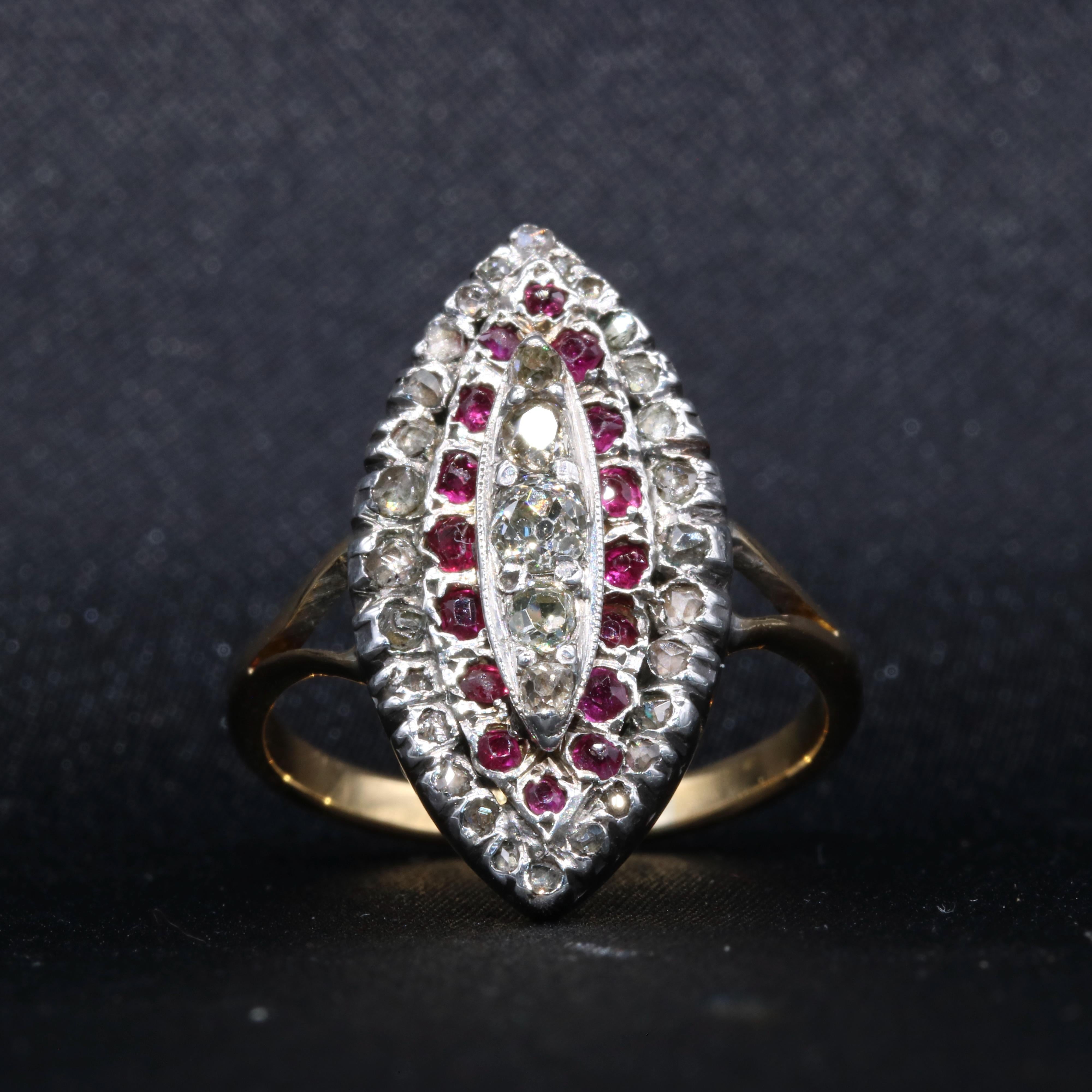 Old Mine Cut Antique Victorian 18K Gold and Silver 0.8ctw Ruby and Diamond Marquise Ring For Sale