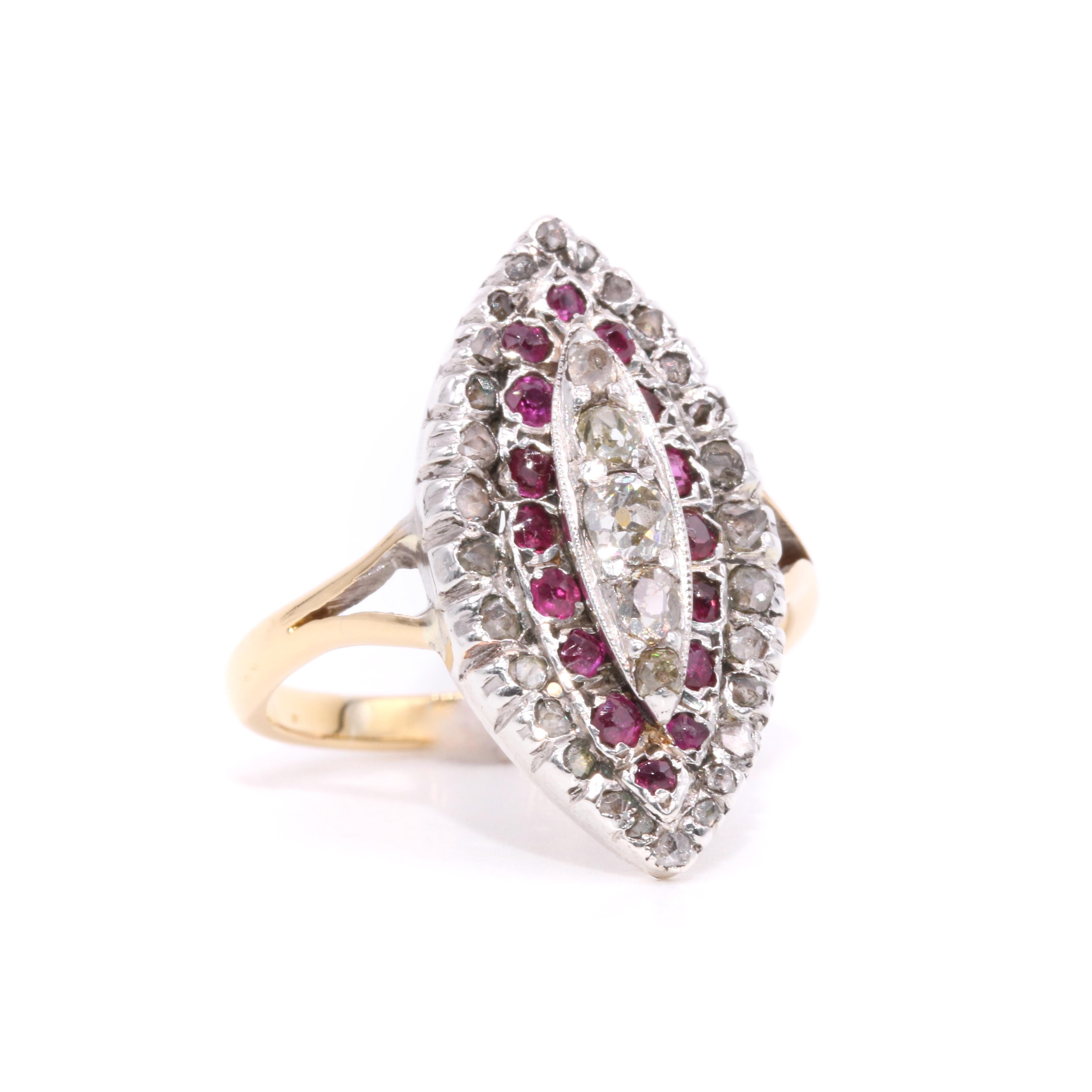 Antique Victorian 18K Gold and Silver 0.8ctw Ruby and Diamond Marquise Ring In Good Condition For Sale In Staines-Upon-Thames, GB