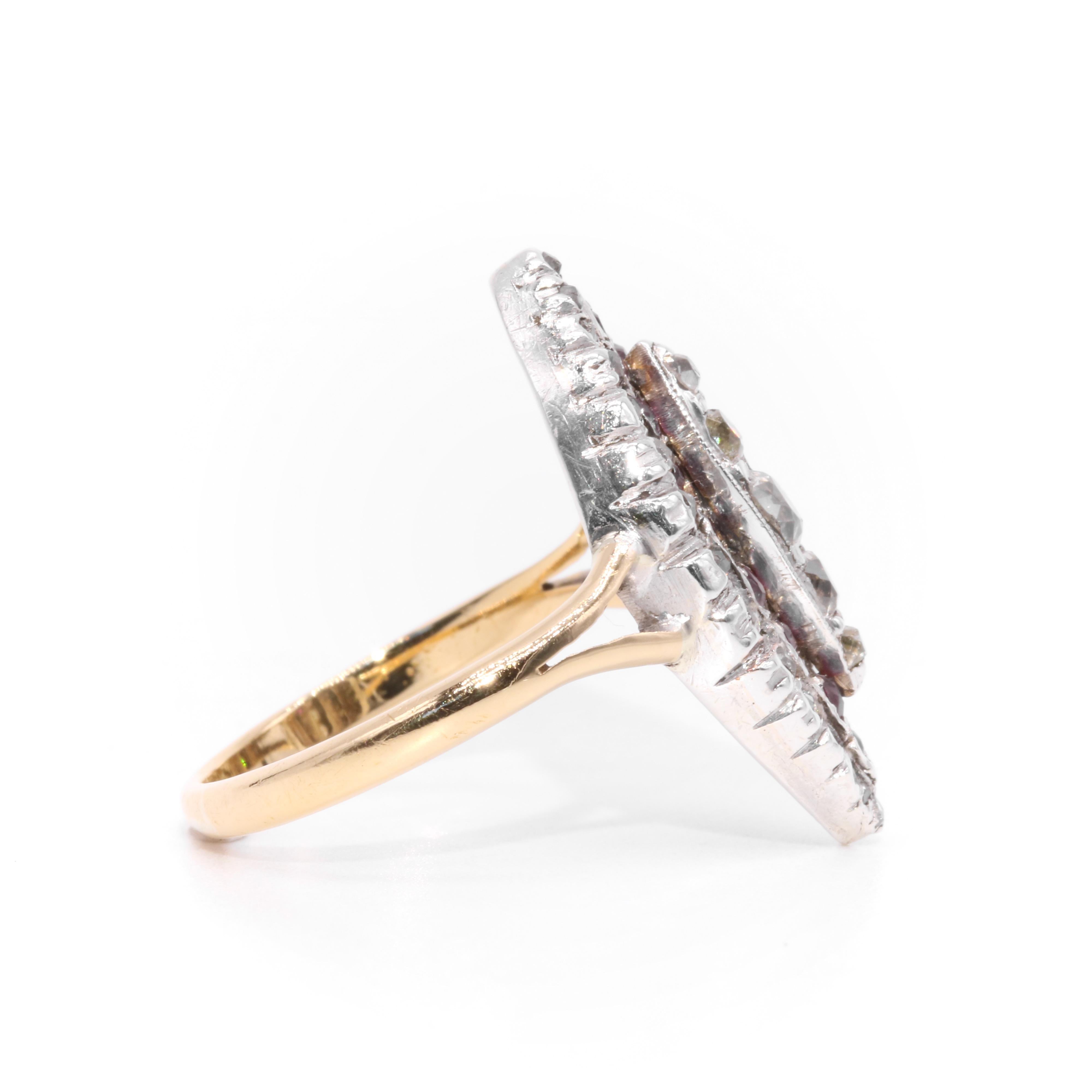 Women's or Men's Antique Victorian 18K Gold and Silver 0.8ctw Ruby and Diamond Marquise Ring For Sale